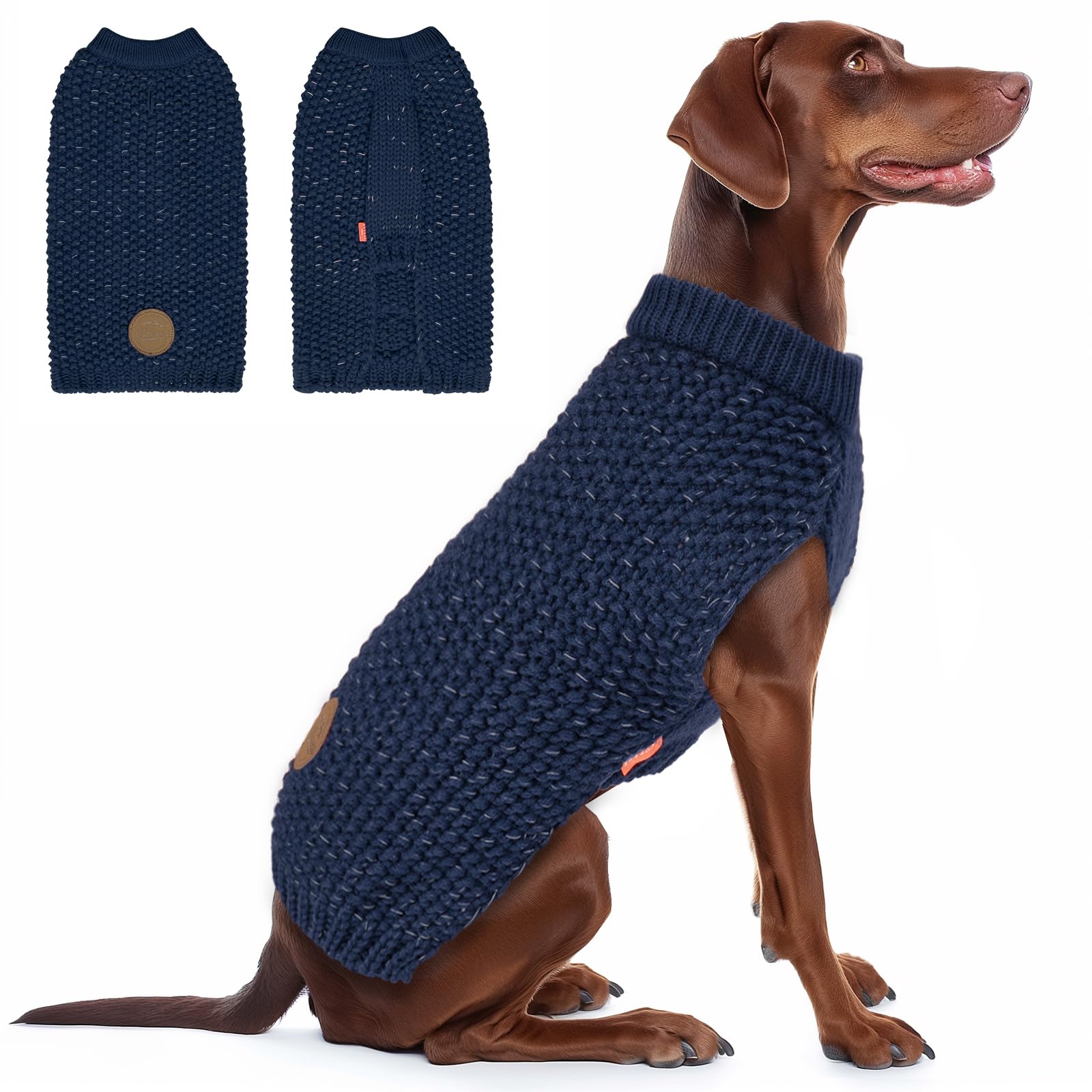 KYEESE Classic Stretchy Dog Sweater with Leash Hole - Warm Reflective Dog Coat for Large Dogs, Comfy Pet Clothes in Navy Blue (3XL) - Perfect for Winter Walks & Outdoor Adventures