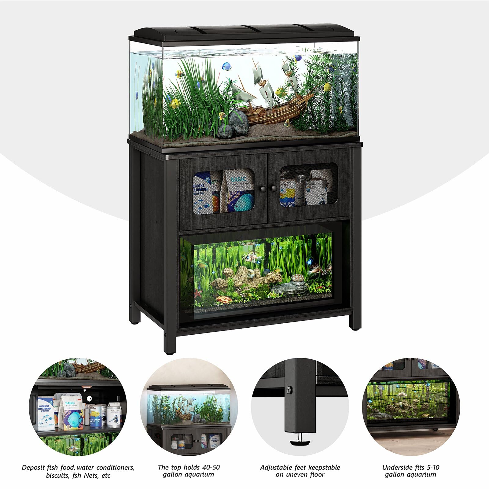 Redlife 40 Gallon Fish Tank Stand with Storage Cabinet & Power Outlet - 50 Gallon Aquarium Stand for Fish, Turtle, Reptile Terrariums - Durable Black Tank Stand for Home & Office Decor