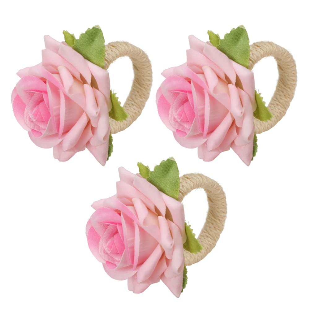 Amosfun 3-Piece Rose Napkin Rings Set - Handmade Champagne Pink Napkin Holders for Wedding, Christmas, Valentine's Day & Family Gatherings - Elegant Table Decor for Dining, Parties & Special Occasions