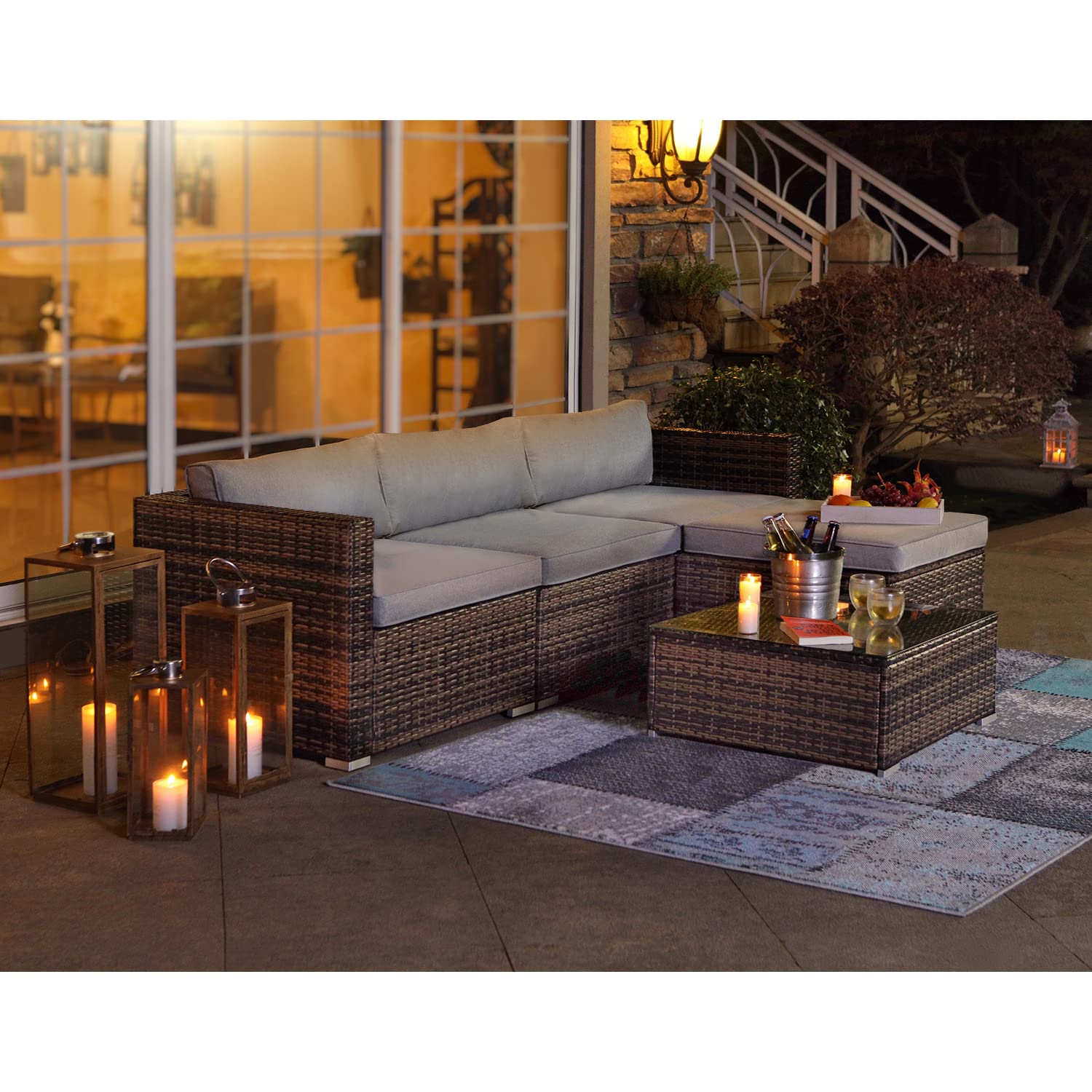 5-Piece All-Weather Wicker Patio Furniture Set - Mottlewood Brown Outdoor Sectional Sofa with Gray Cushions & Glass-Top Coffee Table | Perfect for Backyard, Poolside & Garden Relaxation