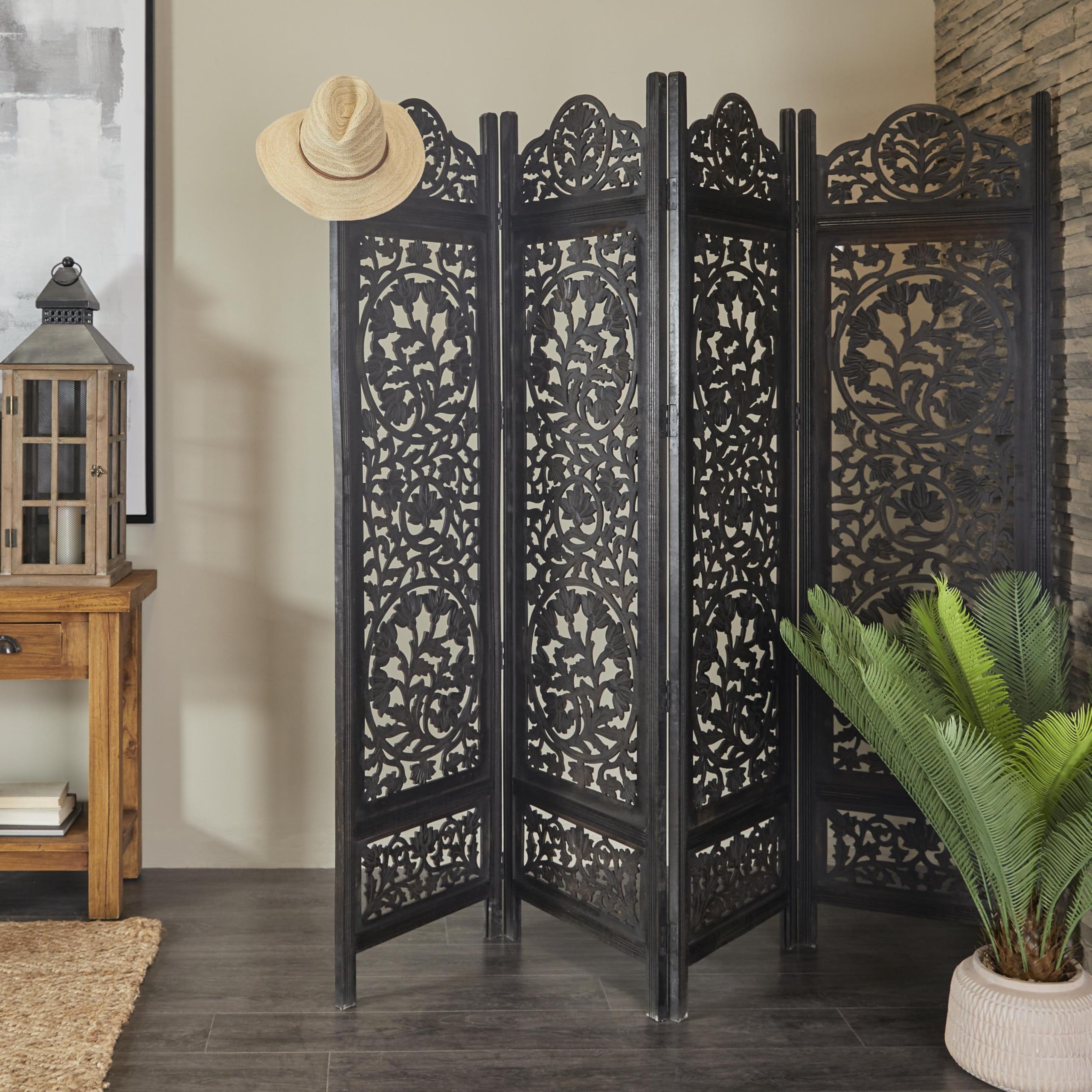 Deco 79 Handmade Wood Floral Room Divider Screen - 4 Panel Foldable Privacy Partition with Carved Design, 80