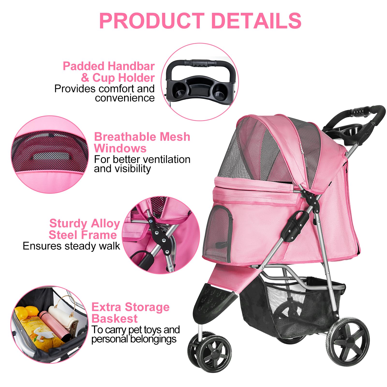 Premium 3-Wheel Pink Pet Stroller for Small Dogs & Cats - Lightweight Folding Design with Storage Basket & Cup Holder - Perfect for Jogging, Shopping & Outdoor Adventures