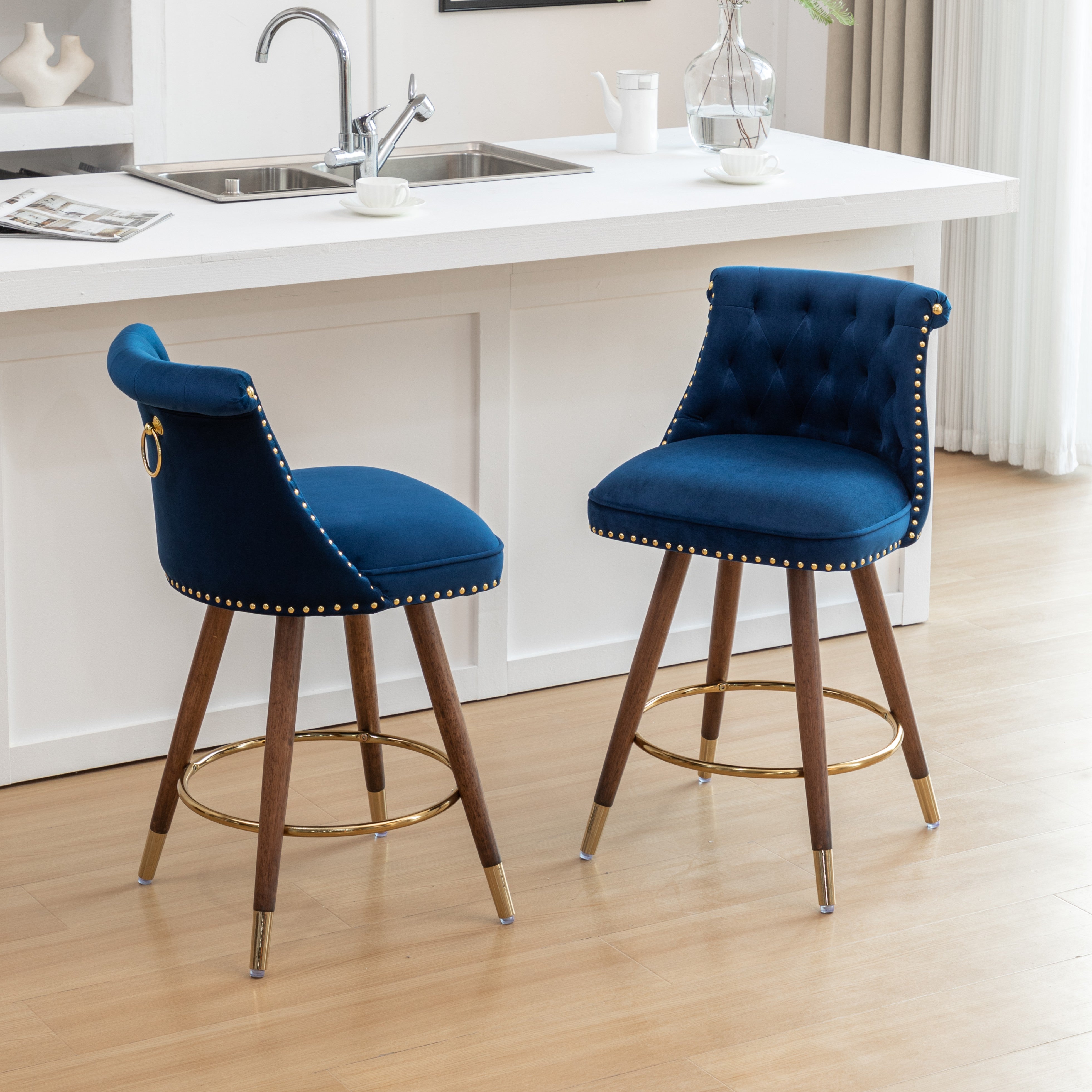 Roundhill Furniture Elvara Set of 2 Button Tufted Counter Stools with Nailhead Trim - Modern Kitchen Bar Stools for Breakfast Nook, Kitchen Island & Home Decor