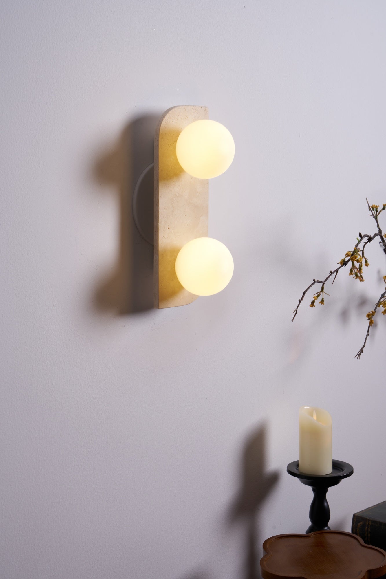Elysian Travertine Plug-in Wall Sconce - Modern Plug in Wall Light Fixture for Bedroom, Living Room & Hallway Lighting Decor