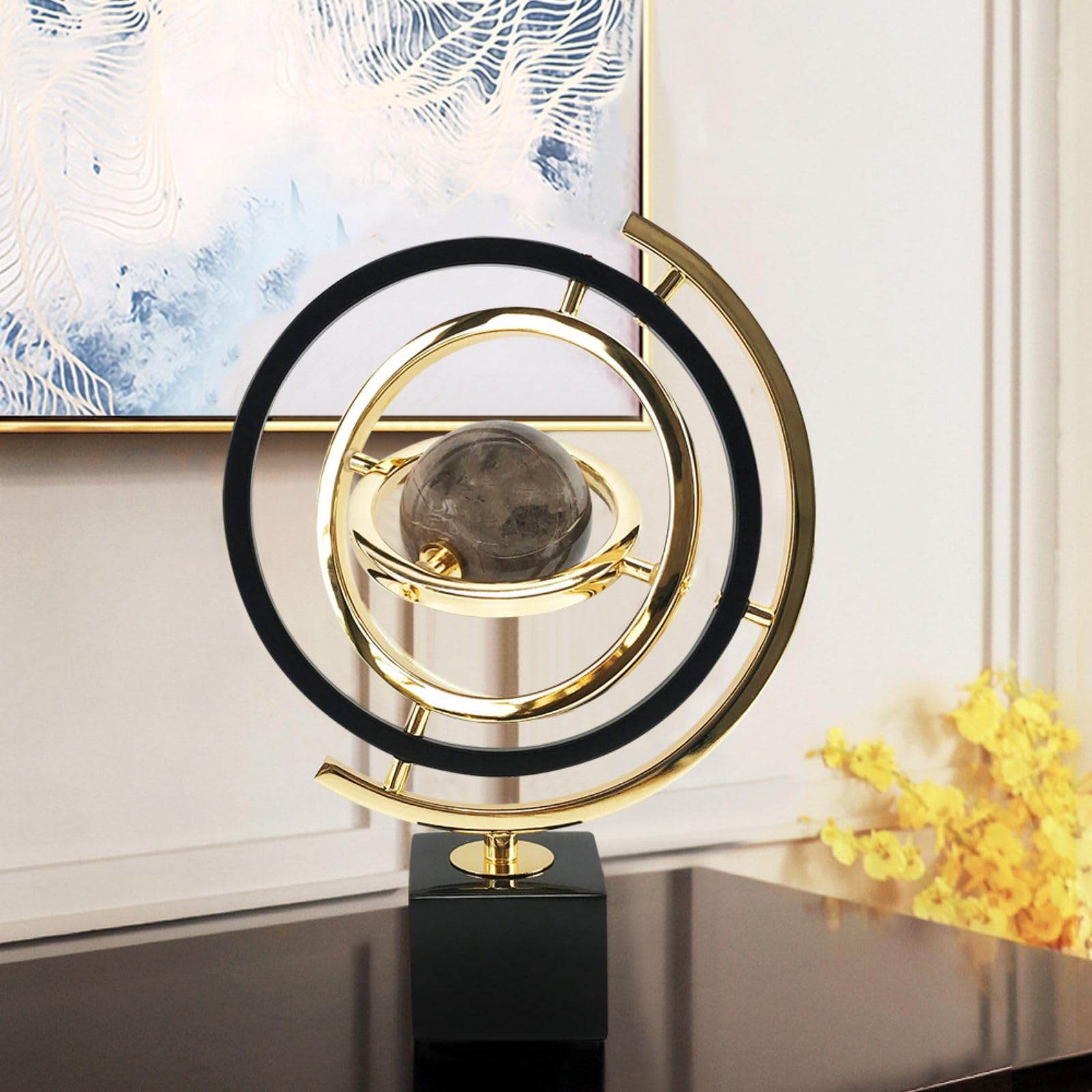 Homary Modern Abstract Metal Globe Sculpture with Rectangle Stand - Black & Gold Art Decor for Living Room, Office & Home Interior Design