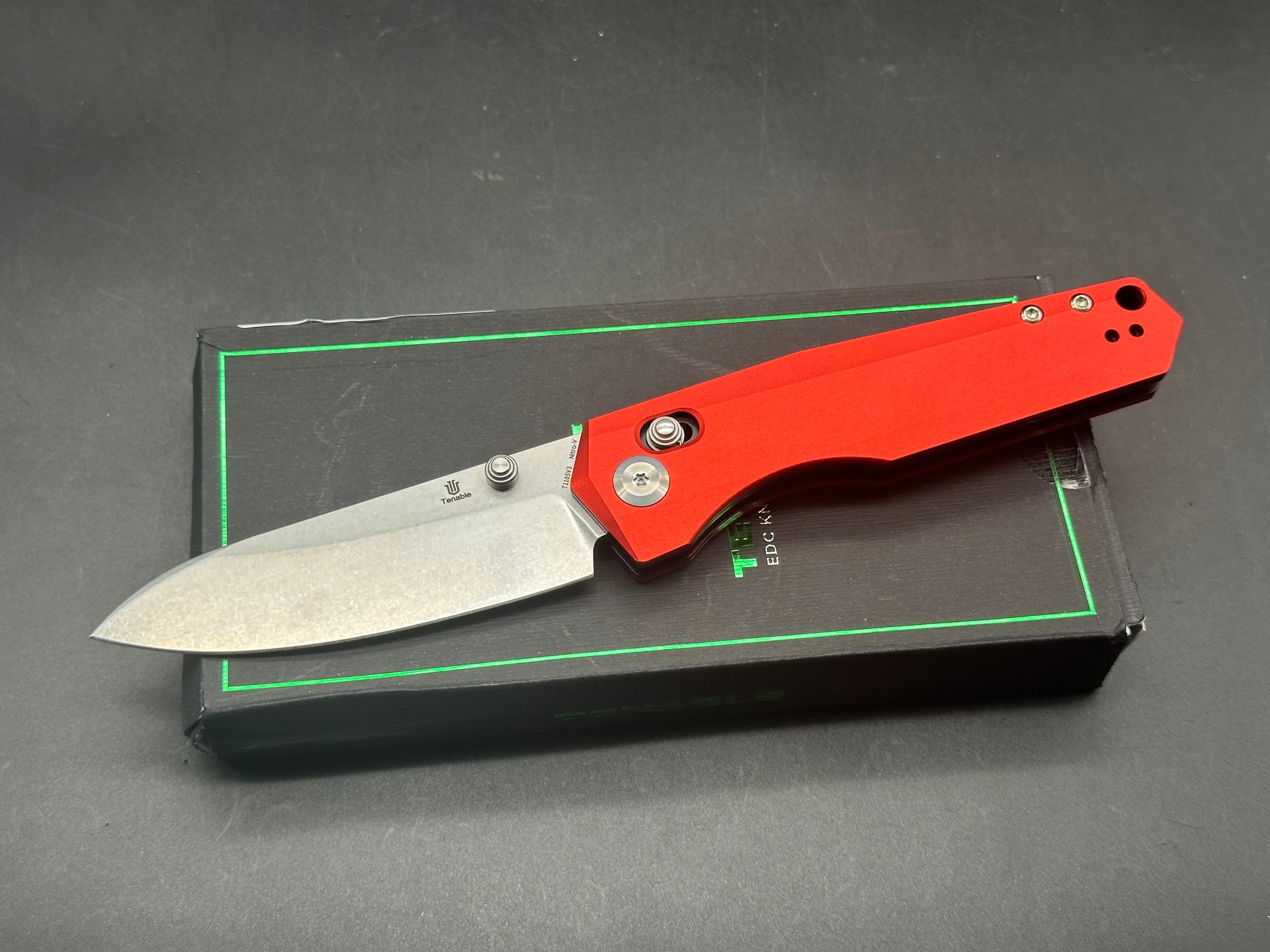 TENABLE BEAVER Dark Red Aluminum Handle Nitro V Plain Edge Knife - Outdoor Camping, Hunting & Survival Tool