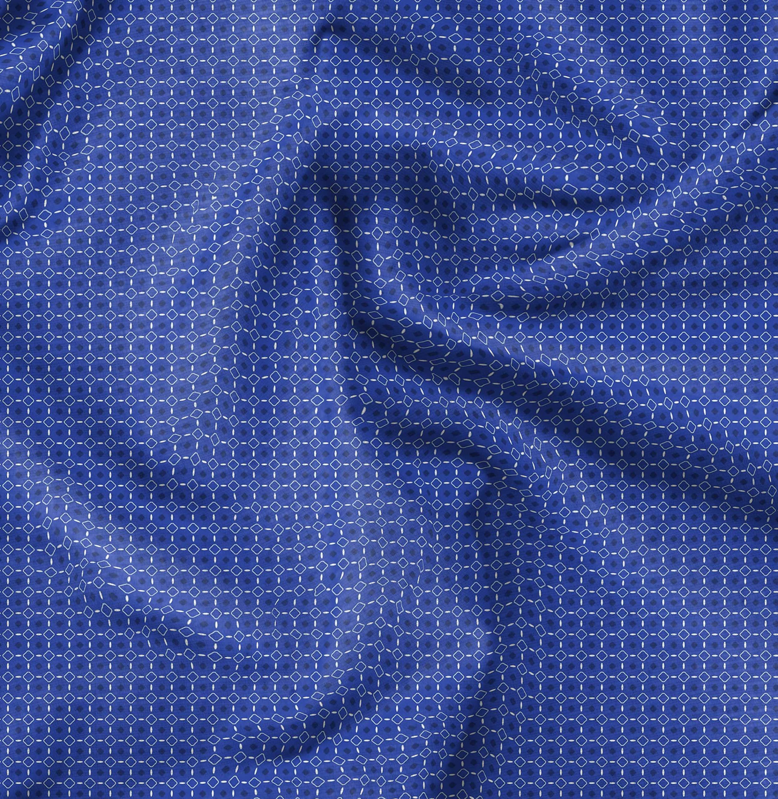 Soimoi Blue Polyester Crepe Fabric by The Yard - 42 Inch Wide Diamond Geometric Print - Elegant Classic Design for Dresses, Curtains & DIY Projects