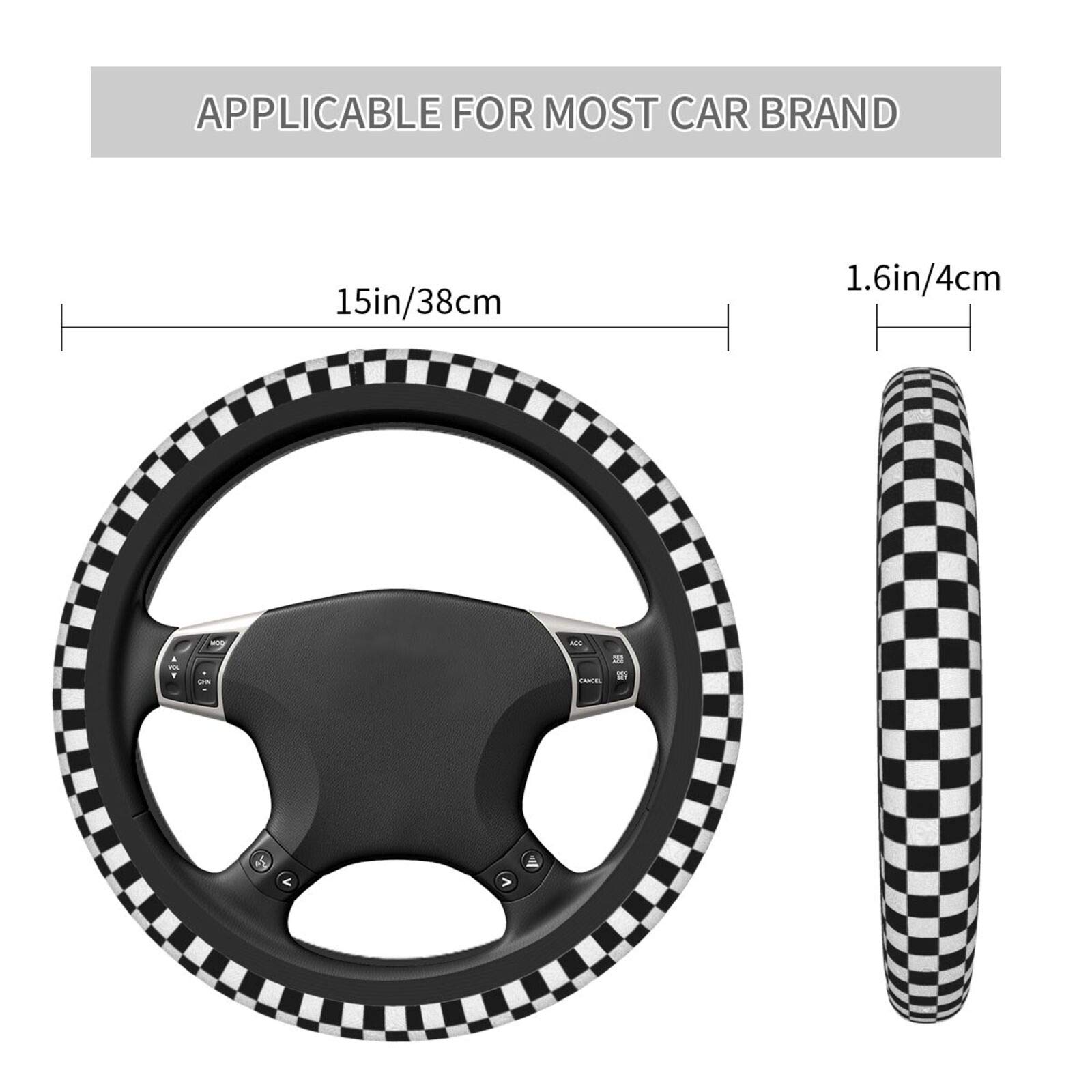 Universal 15 Inch Black & White Checkered Flag Car Steering Wheel Cover - Soft, Warm & Elastic Winter Car Accessory for Men & Women - Perfect for Cold Weather Driving & Stylish Interior Upgrade