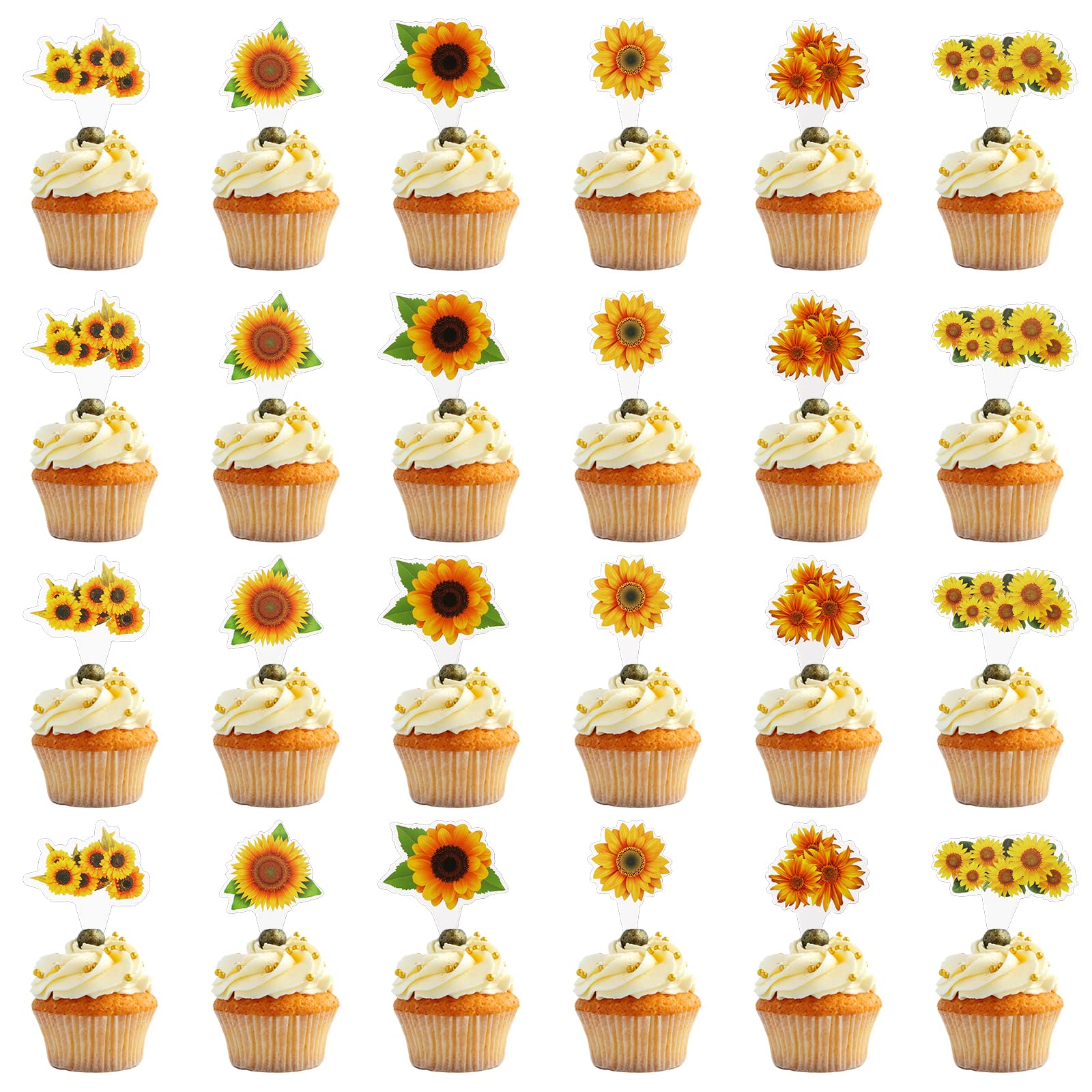 48 Pcs Sunflower Cupcake Toppers - Birthday Party Decorations for Kids, Baby Shower, Wedding & Summer Garden Theme Events - Edible Cake Decor Supplies for Sunflower Themed Celebrations