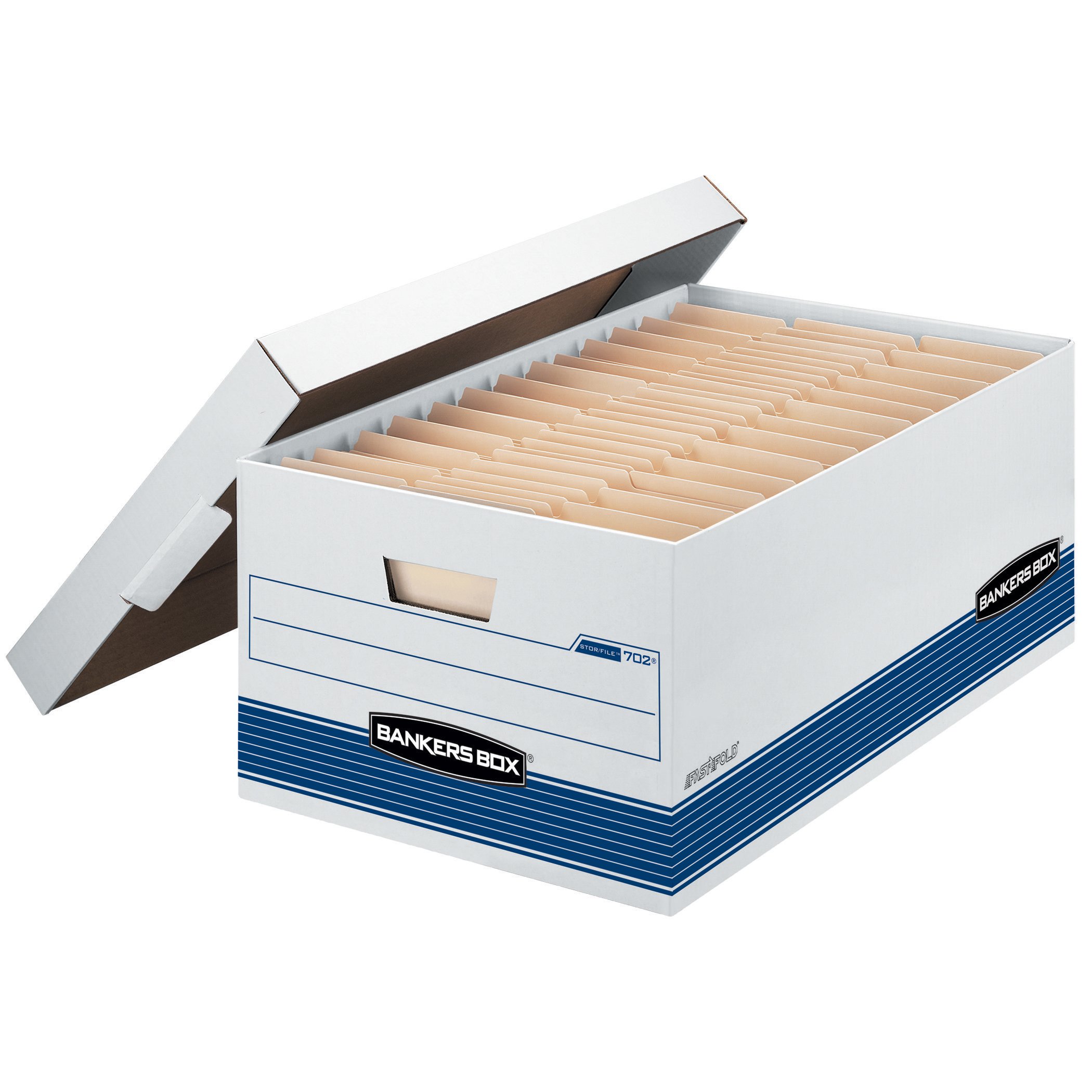Fellowes 00702 Medium-Duty Storage Boxes with Lift-Off Lid - Legal Size, 12 Pack | Bankers Box STOR/FILE File Storage Boxes with Lids - White/Blue, Letter/Legal Size (12