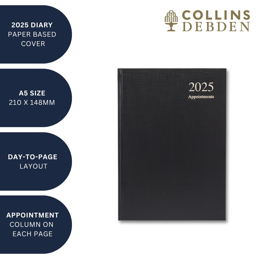 Collins Essential 2025 Business Diary - A5 Day Planner with Leather Hardback Cover, Appointment Scheduling Notebook, Professional Organizer for Office Work & Meetings - Black (ESSA51A.99-25) - Perfect for Executives, Entrepreneurs & Productivity Enthusiasts