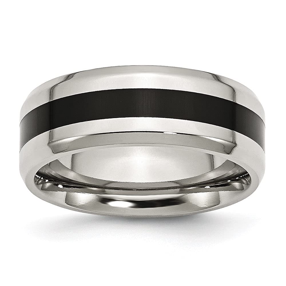 Diamond2Deal 8mm Stainless Steel Black Enamel Polished Beveled Edge Band Ring for Men & Women - Perfect for Weddings, Anniversaries, and Everyday Fashion Jewelry