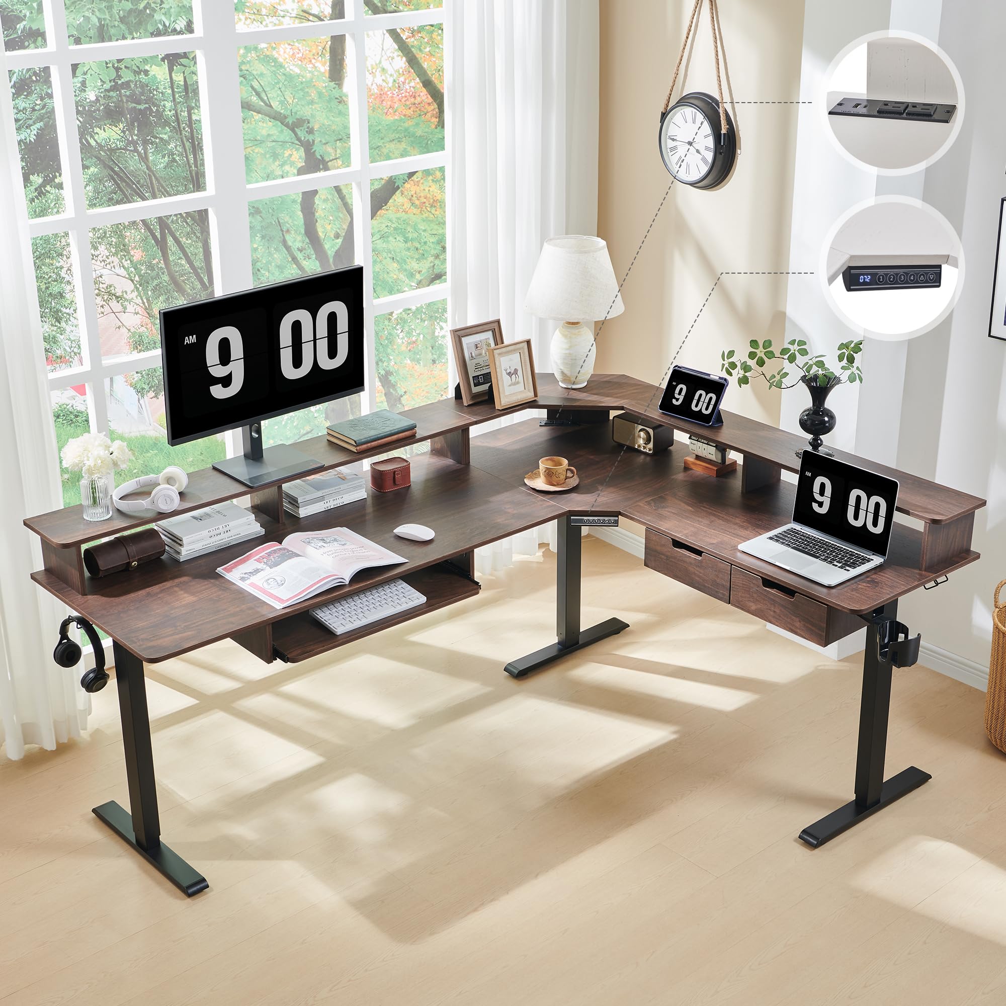 RedLemon 75X60 Inches L-Shaped Electric Standing Desk - Adjustable Height Corner Gaming Desk with Drawers, Keyboard Tray, Power Outlets & LED Lights - Computer Workstation with Monitor Shelf in Dark Walnut - Perfect for Home Office, Gaming Setup & Remote Work