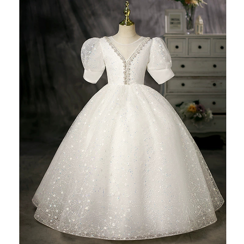 Princess Round Floor Length White Flower Girl Dress for Weddings, Baptisms, and Special Occasions