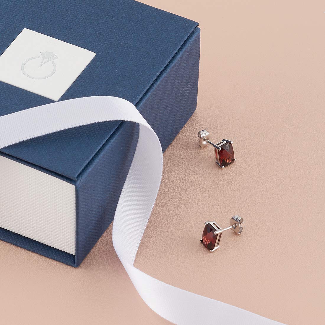 Peora 14K White Gold Genuine Garnet Stud Earrings for Women - 2.50ct Radiant Cut 7x5mm Hypoallergenic Friction Back Red Gemstone Jewelry | Perfect for Weddings, Anniversaries & Special Occasions