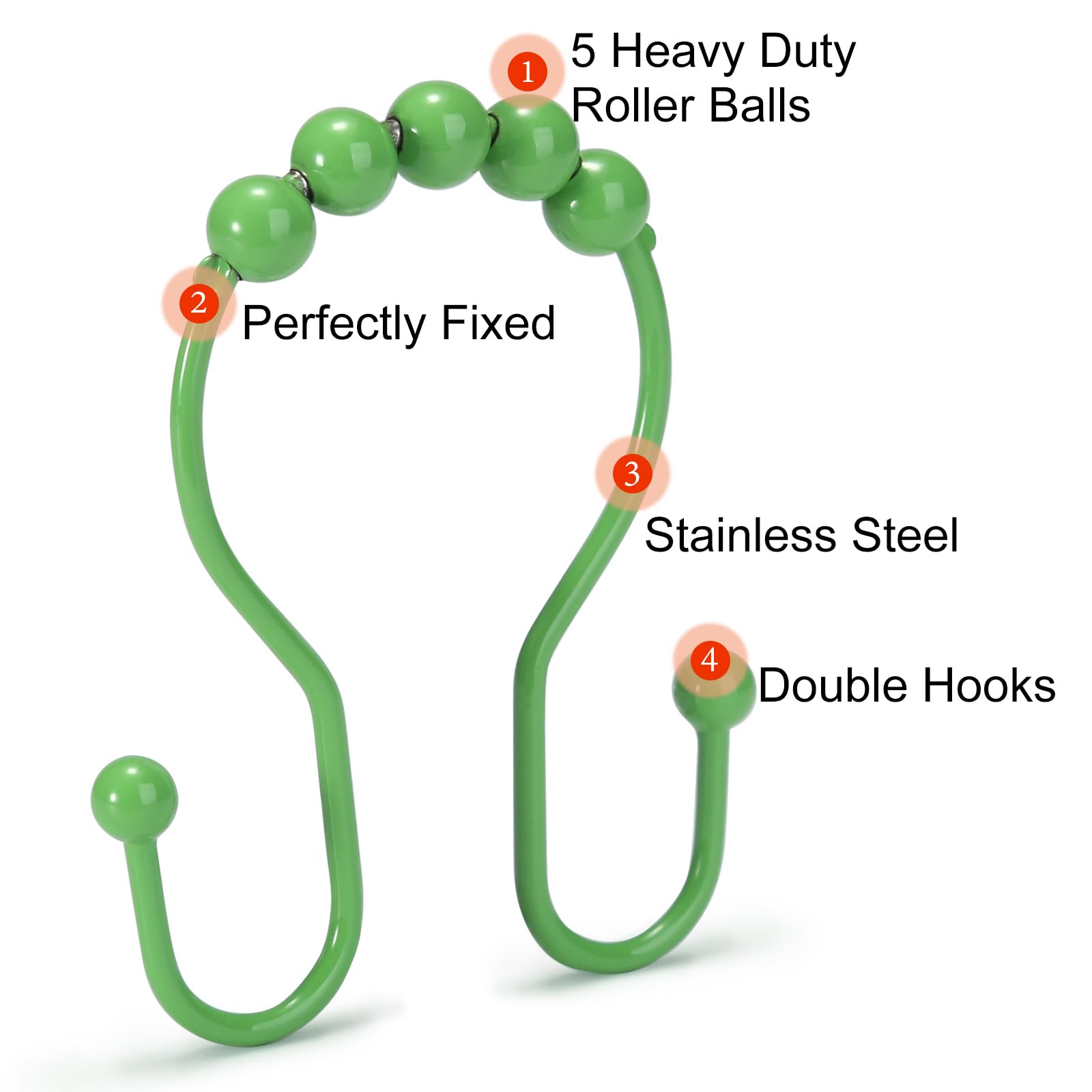 Premium 12-Pack Stainless Steel Shower Curtain Hooks & Rings - Rustproof, Smooth Sliding Anti-Drop Bathroom Accessories for Shower Rods (Green) - Perfect for Bathroom Decor & Hotel Style Upgrades