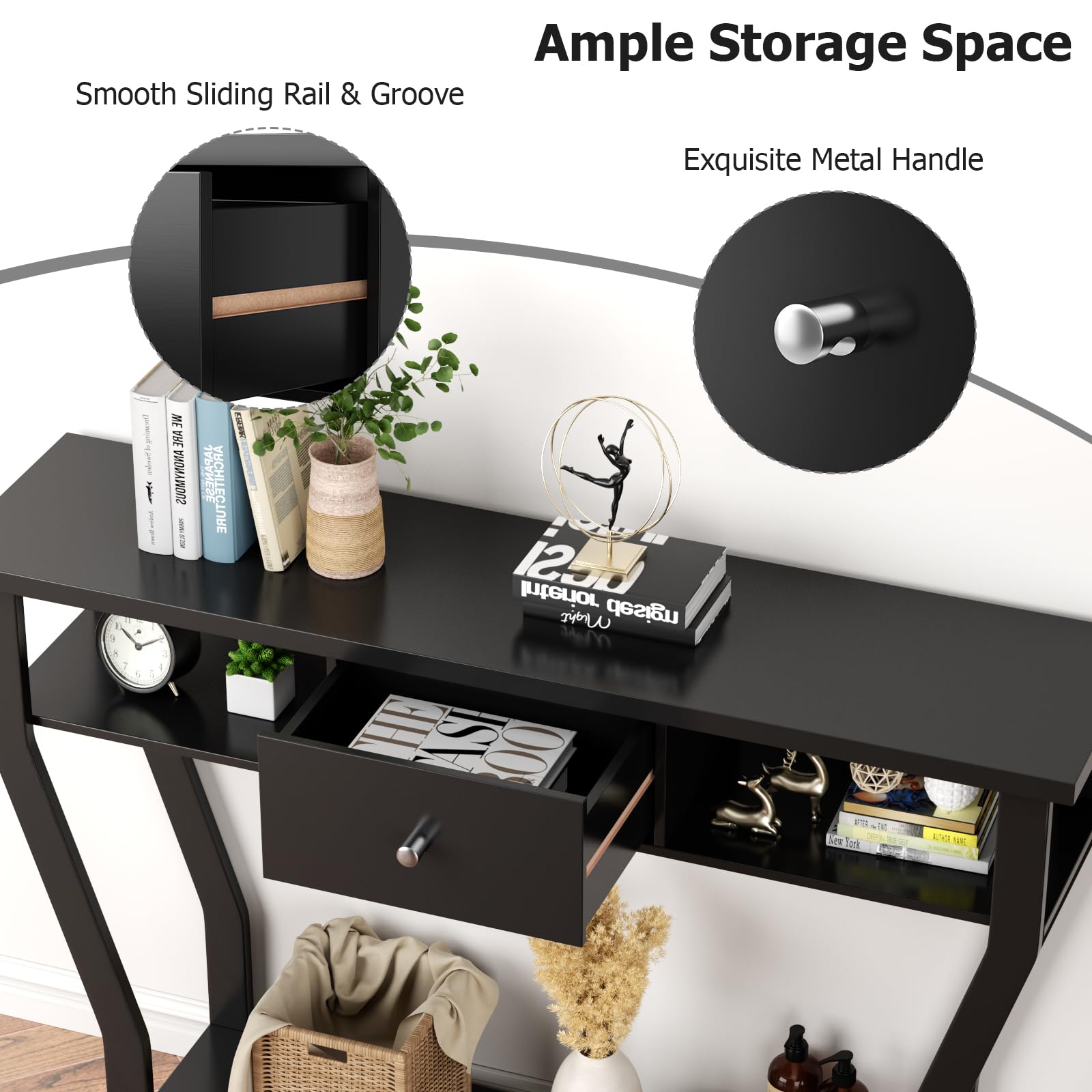 47'' Narrow Console Table with Drawer - 3-Tier Wooden Entryway Table with Open Shelves - Multi-Purpose Sofa Table for Living Room, Hallway & Bedroom - Easy Assembly & Storage (Black) - Perfect for Small Spaces & Home Decor