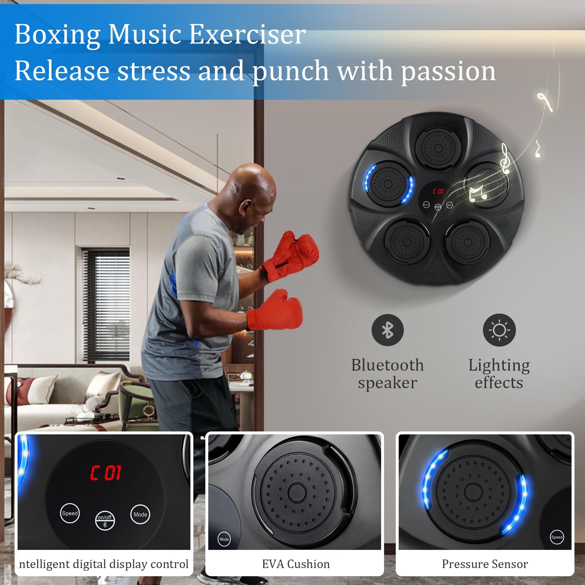 Smart Bluetooth Boxing Machine with LED Lights & Gloves - Multi-Mode Training Equipment for Kids & Adults - Perfect for Home Gym, Fitness Training & Stress Relief