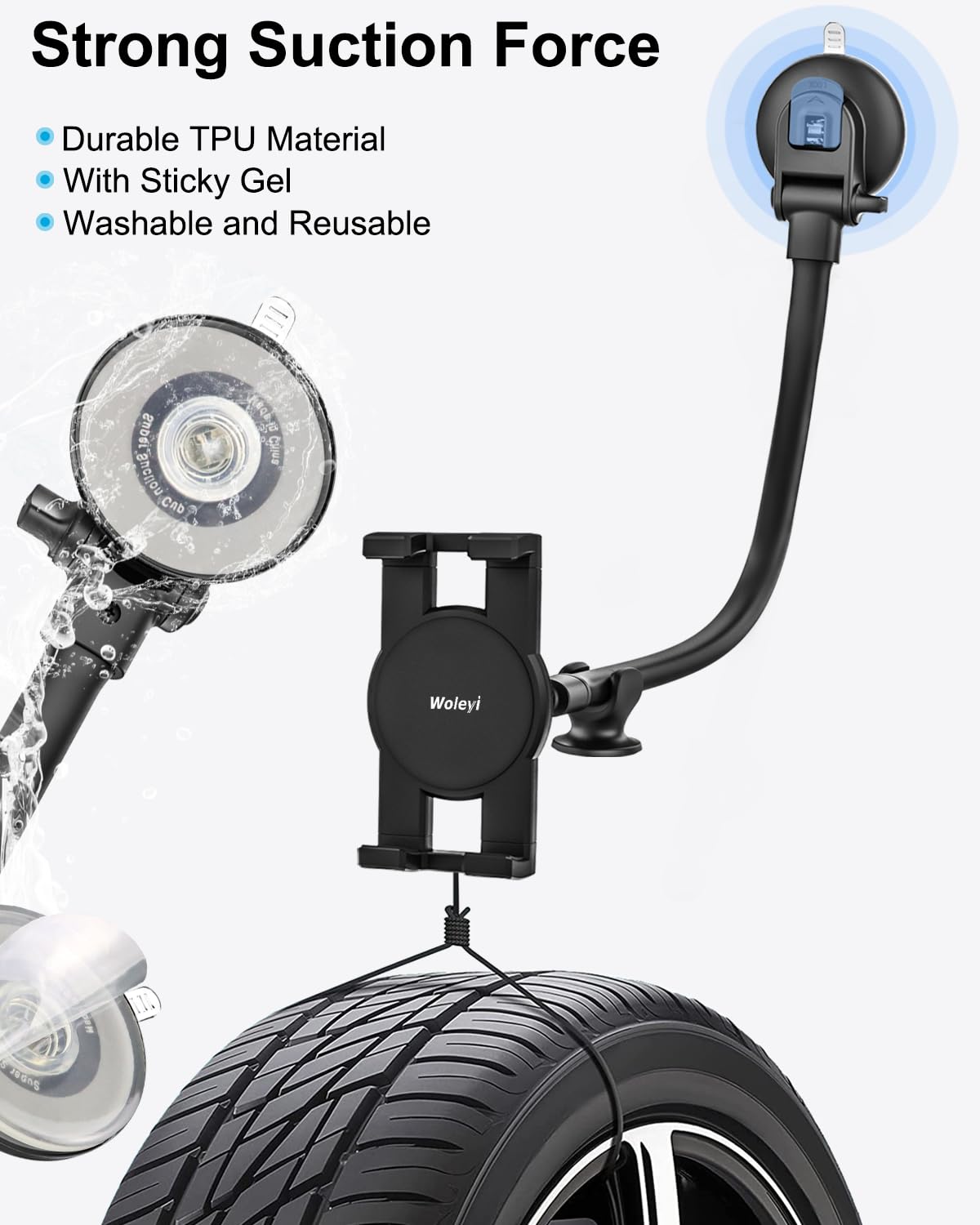 Woleyi Long Arm Car Windshield Tablet Mount - Super Suction & Stable Dashboard Holder for iPad Pro/Air/Mini, Galaxy Tabs, Smartphones (4.7-13 Inch) - Perfect for GPS Navigation, Streaming & Hands-Free Driving
