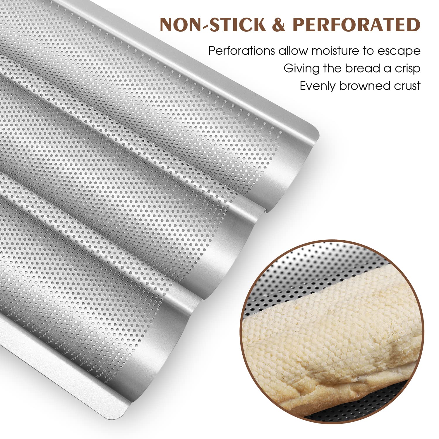 Nonstick French Baguette Pan - 3 Slot Perforated Italian Loaf Bread Baking Mold, Silver | Perfect for Homemade Artisan Bread, French Toast & Restaurant-Style Baking
