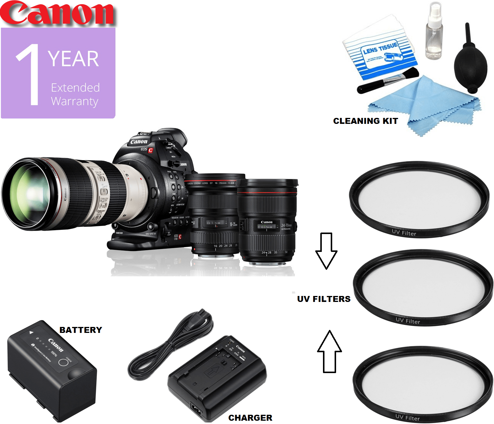 Canon EOS C100 Mark II Professional Cinema Camera with 3-Lens Kit (24-105mm, 50mm, 85mm) - 4K Video, Dual Pixel AF - Perfect for Filmmaking, Documentary & Wedding Videography