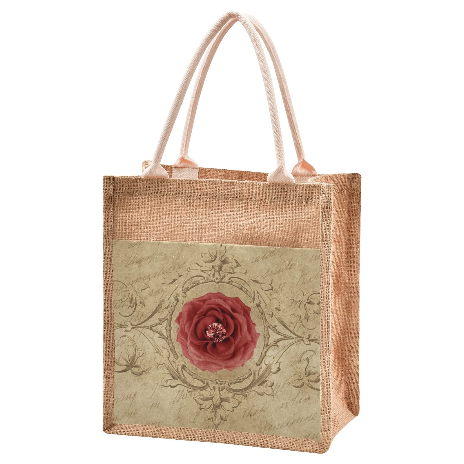Linqin Rose Jute Tote Bag - Waterproof Eco-Friendly Grocery Shopping Bag with Sturdy Handles for Women | Perfect for Beach, Travel, Wedding & Daily Use