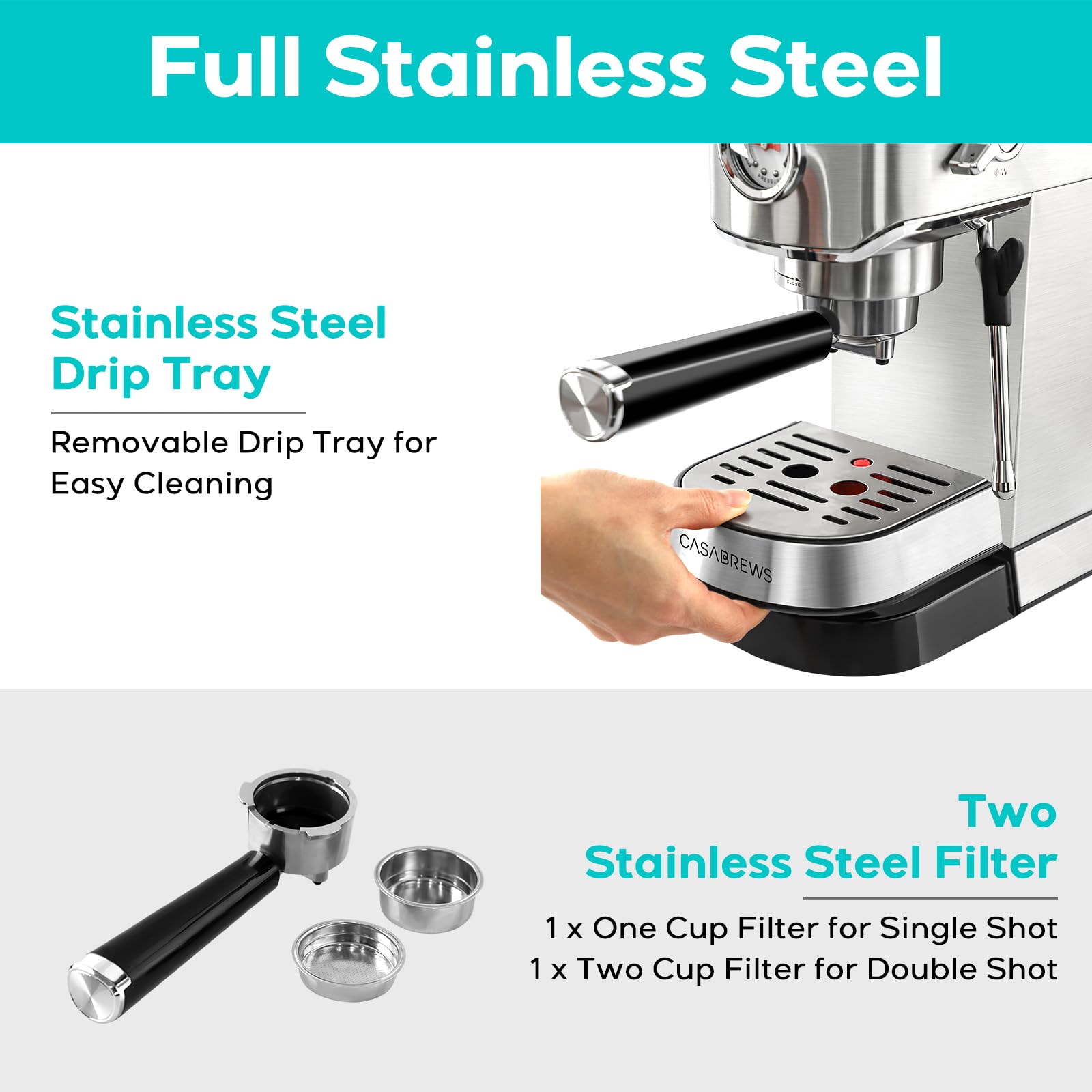 CASABREWS CM5418 20 Bar Espresso Machine - Compact Stainless Steel Coffee Maker with Steam Milk Frother & 34oz Removable Water Tank - Perfect for Cappuccino, Latte, Home & Office Use