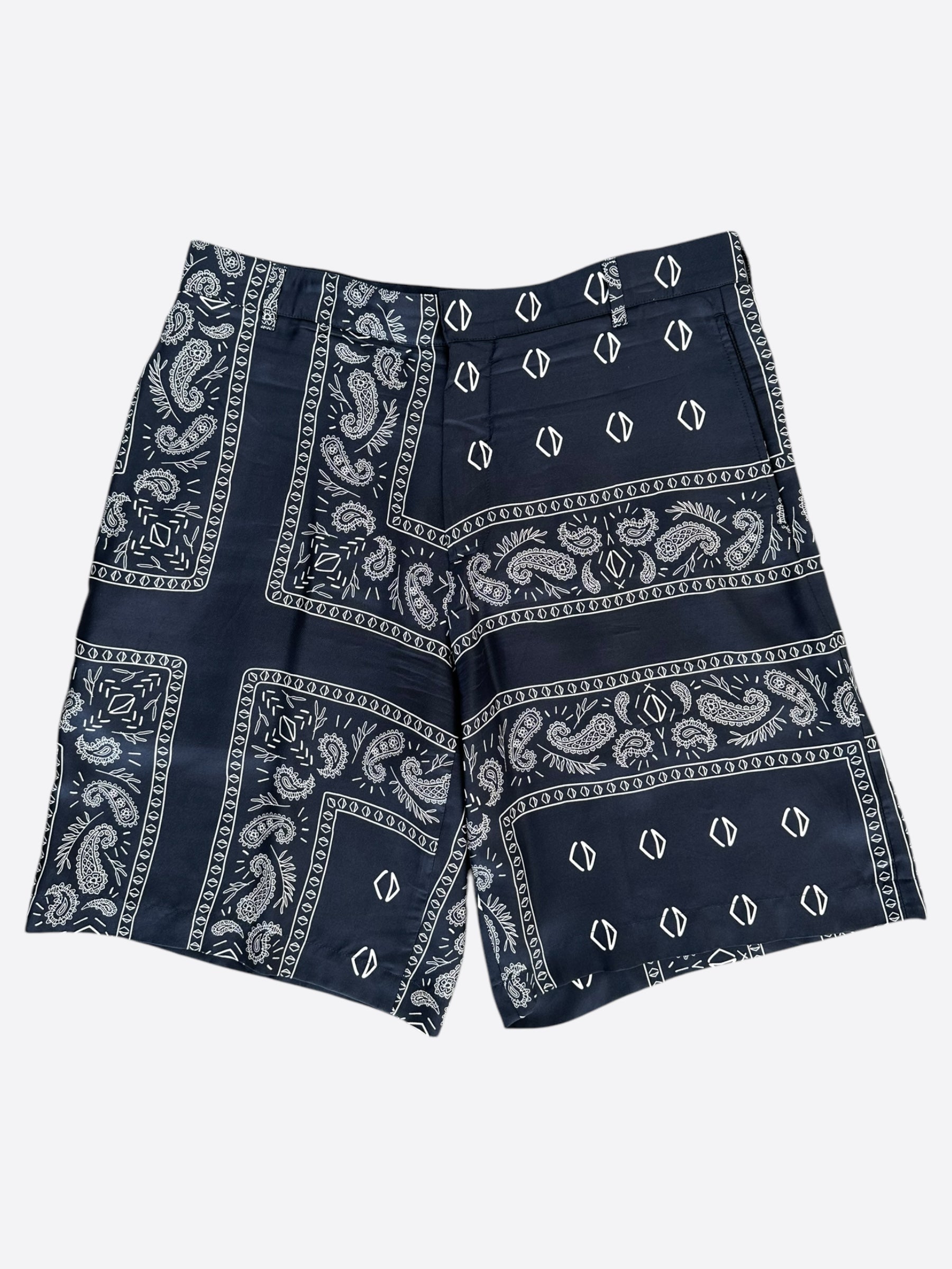 Dior Cactus Jack Navy & White Diamond Bandana Print Silk Shorts for Men - Luxury Designer Swimwear & Beachwear for Summer Vacation & Pool Parties