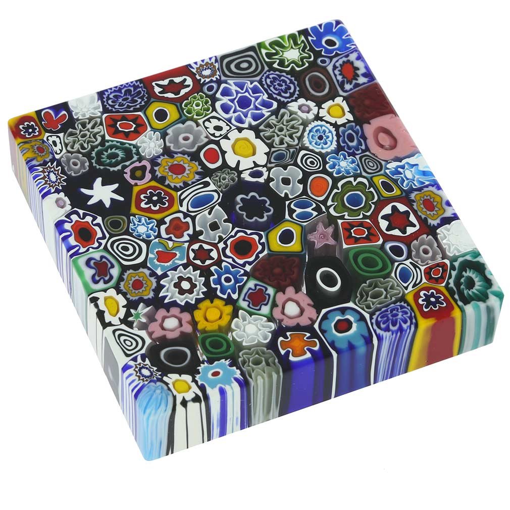 Hand Blown Murano Glass Millefiori Square Paperweight 4 Inch - Venetian Collectible Decor for Home & Office - Perfect as Bookend, Desk Accessory or Gift for Art Lovers