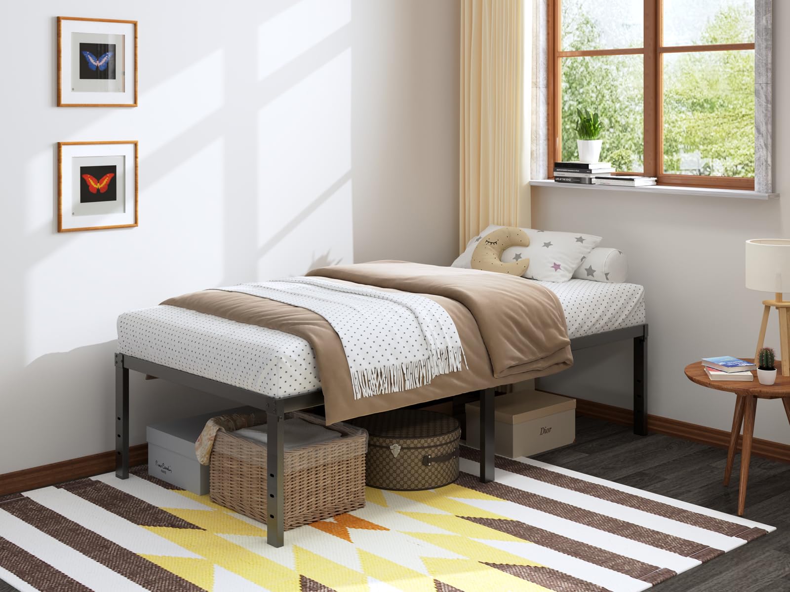 **Twin Size Metal Platform Bed Frame with Storage - 18 Inch Height, Heavy Duty Slats Support, No Box Spring Needed - Easy Assembly, Noise Free, Black - Perfect for Kids, Boys & Girls Bedrooms, Dorms, or Guest Rooms**