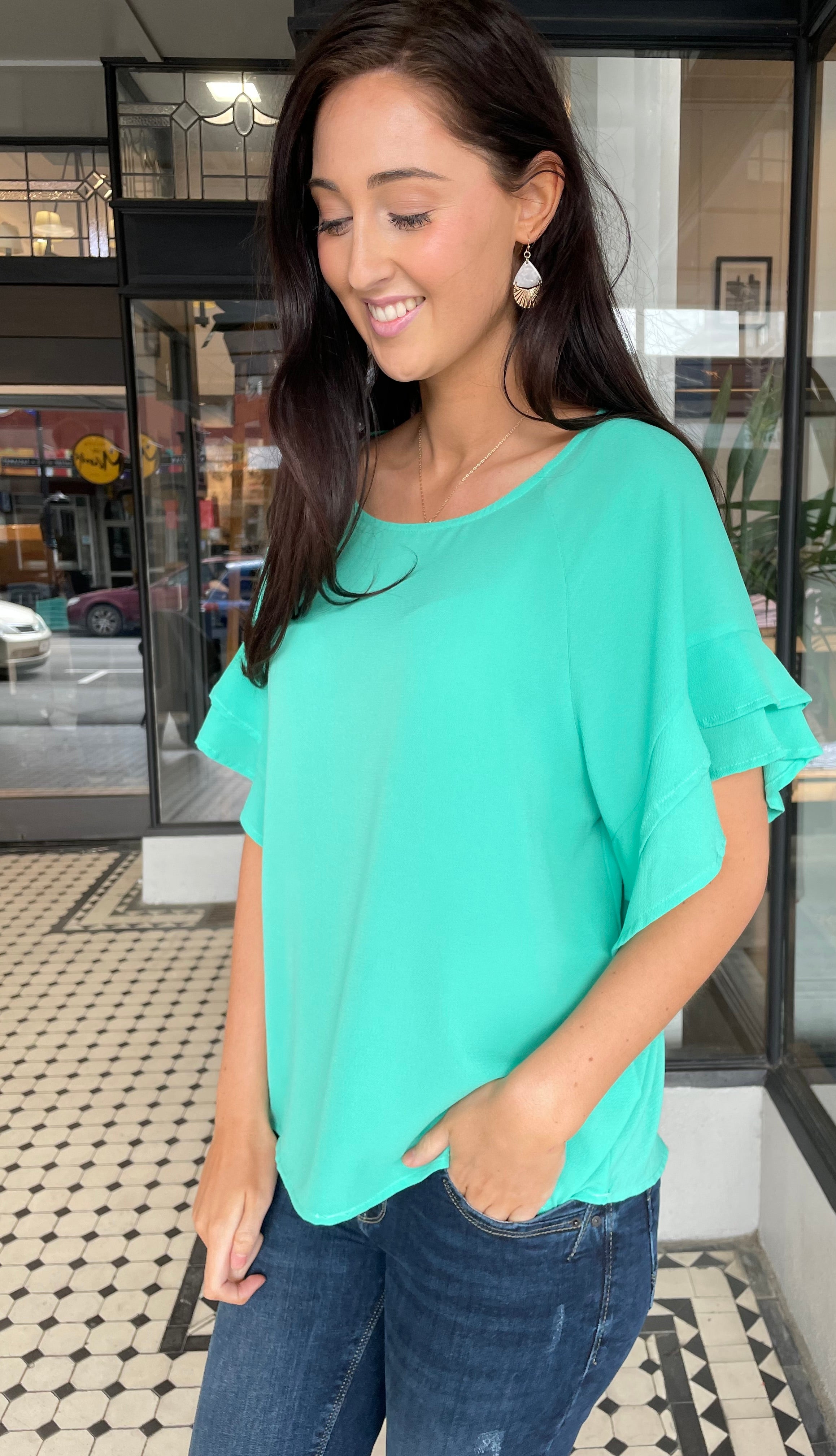 Jaz Ruffle Sleeve Women's Blouse - Emerald Mint Green Fashion Top for Casual Wear, Date Night & Office Outfits