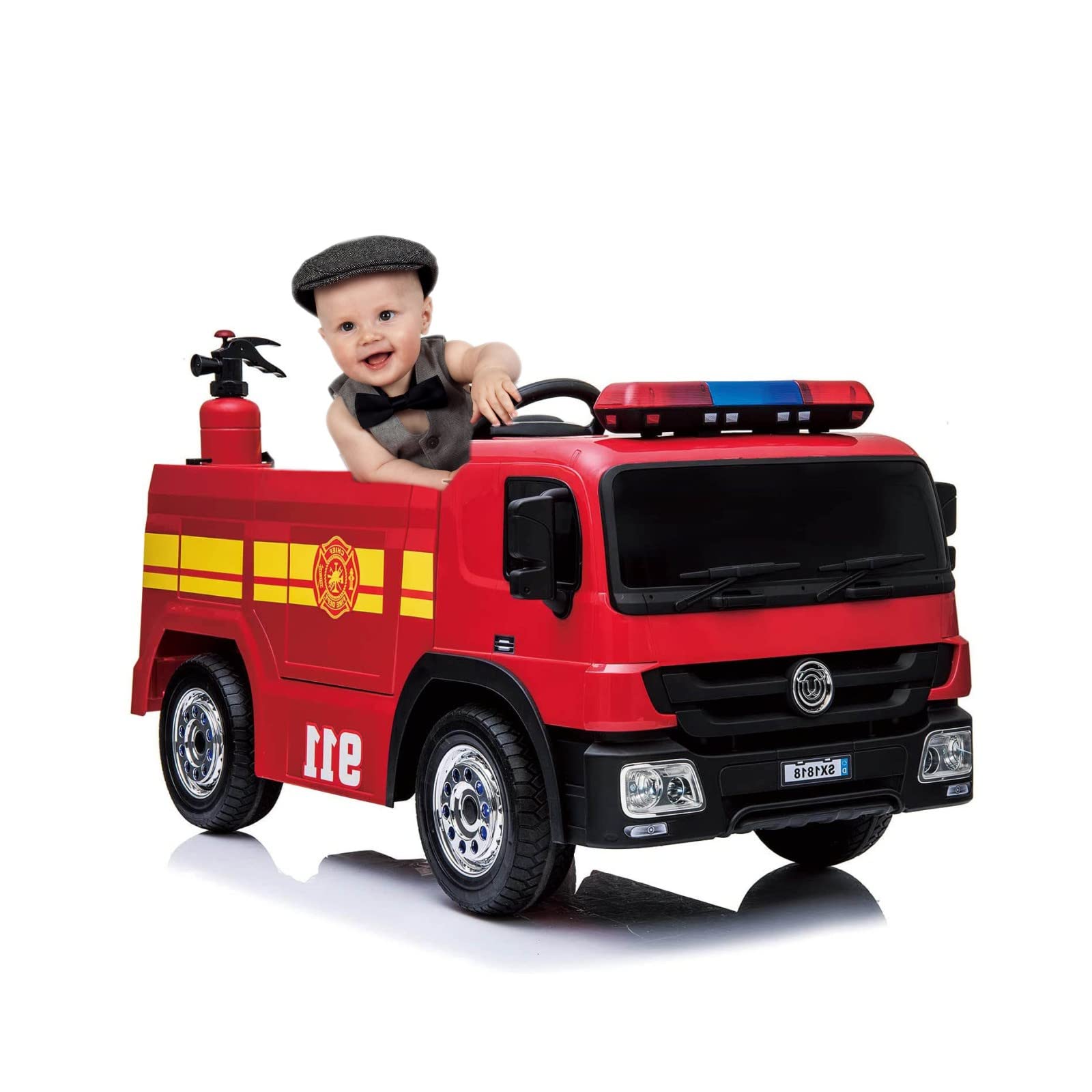 TLSUNNY 12V Kids Electric Ride On Fire Truck Toy - Remote Control Motorized Fire Engine Car with Spring Suspension, 3 Speeds, Water Gun, Firefighter Hat & Extinguisher - Perfect for Birthday Gifts & Outdoor Play