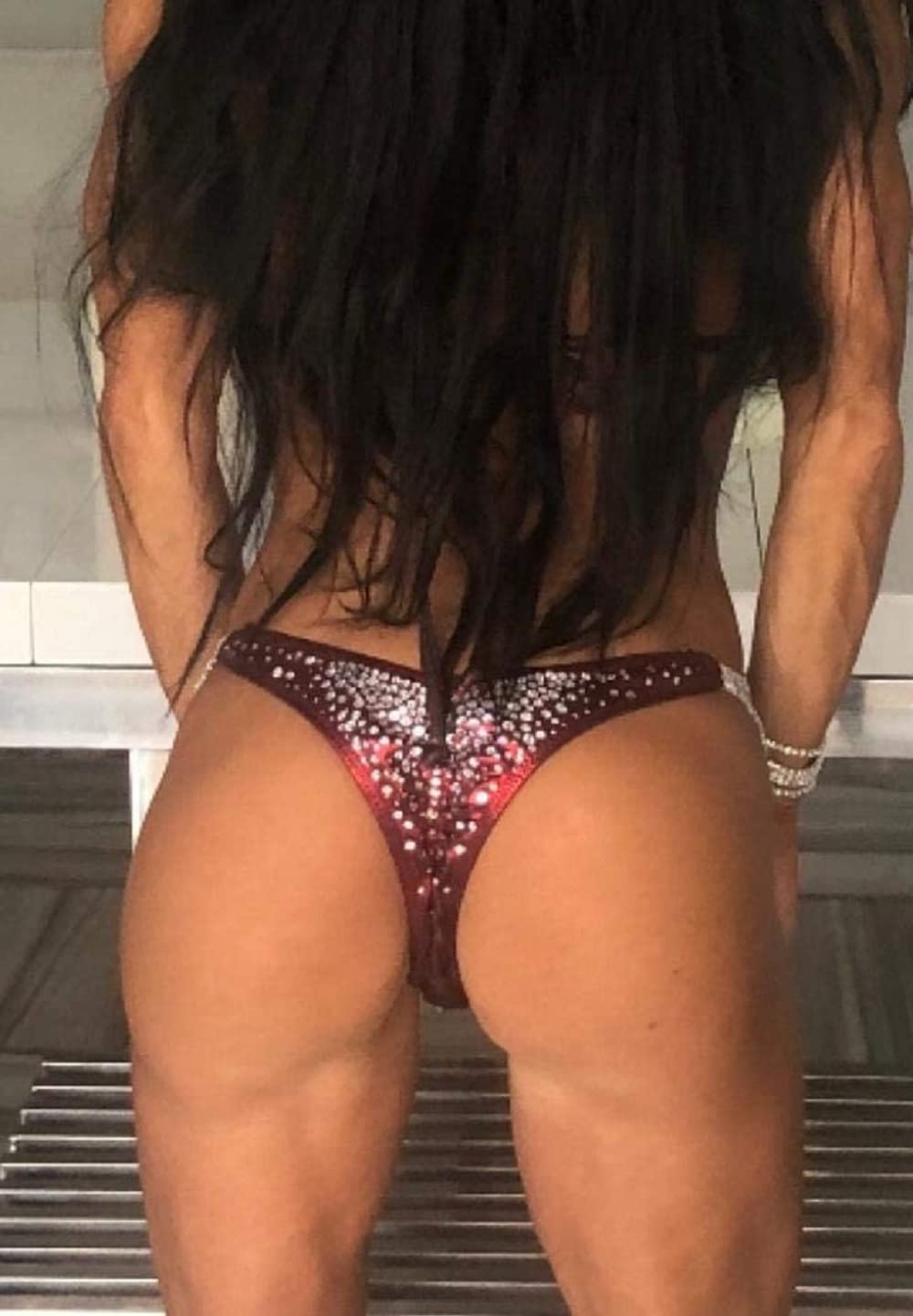 NPC Bikini Competition Suit - Merlot Burgundy Red Crystal Clustered Rhinestone Posing Bikini for Women (C/D Cup, Small HIPS 32-34) | Stage Performance, Bodybuilding Shows, Fitness Pageants