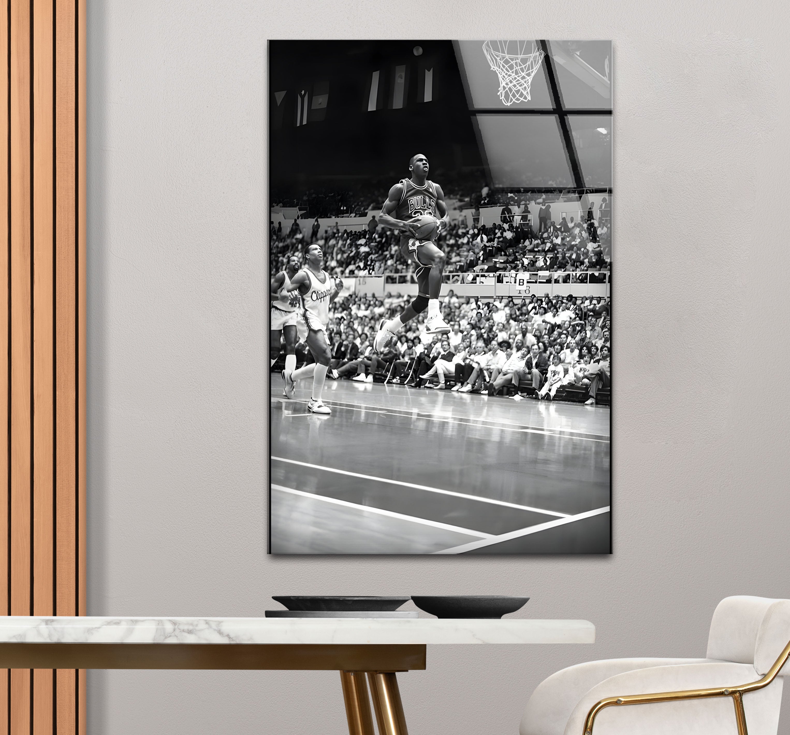 Michael Jordan Black and White Glass Wall Art - Premium Basketball Decor for Home, Office, or Man Cave