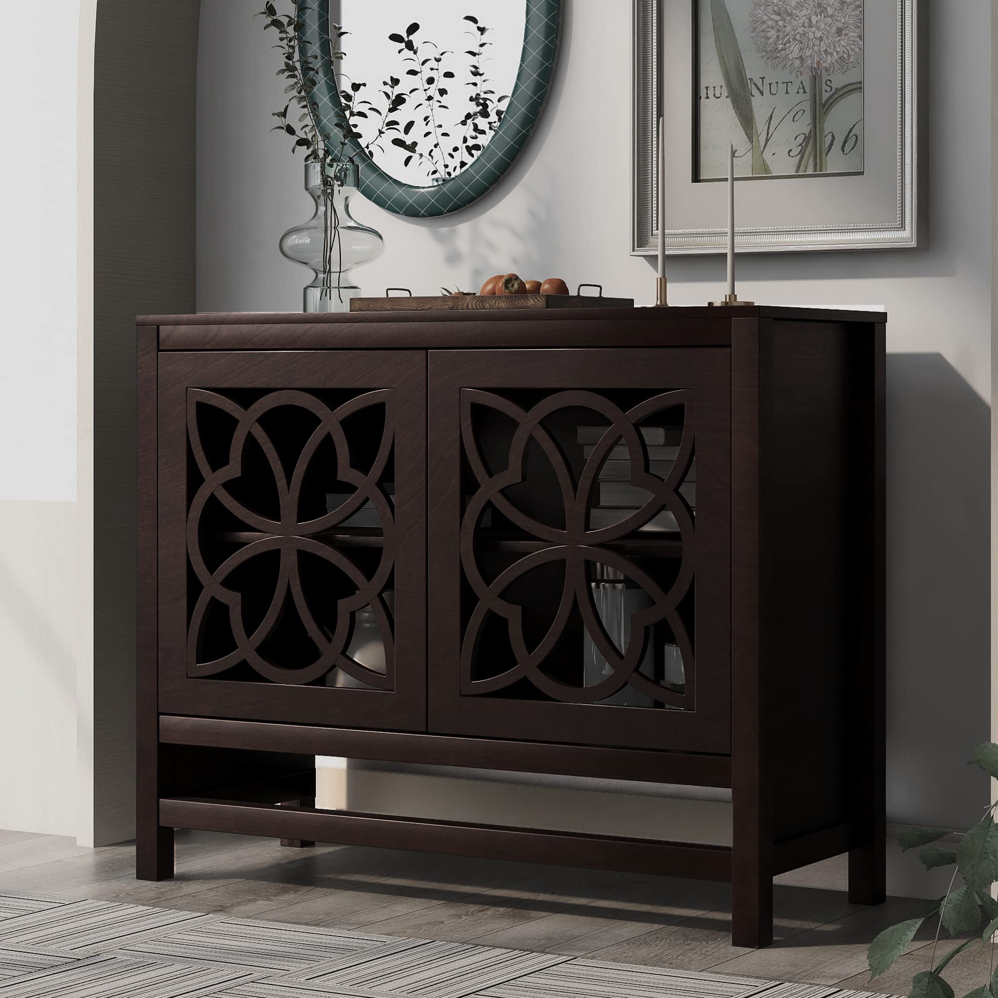Floral Accent Cabinet with Doors - Kitchen Buffet Server Sideboard Storage Cabinet with Adjustable Shelves, Brown - Perfect for Dining Room, Living Room & Home Decor