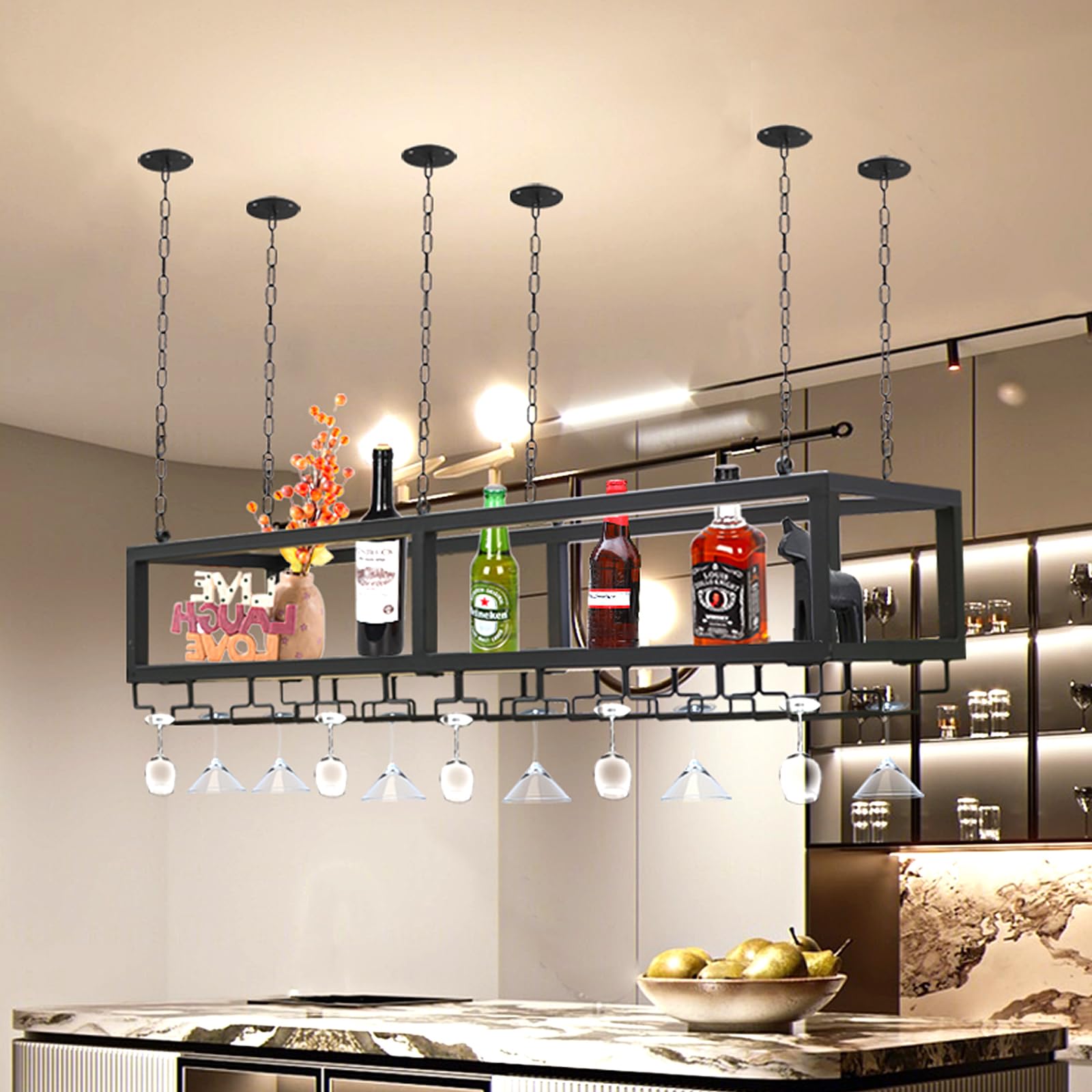 Adjustable Black Metal Ceiling Wine Rack with Glass Holder - 63