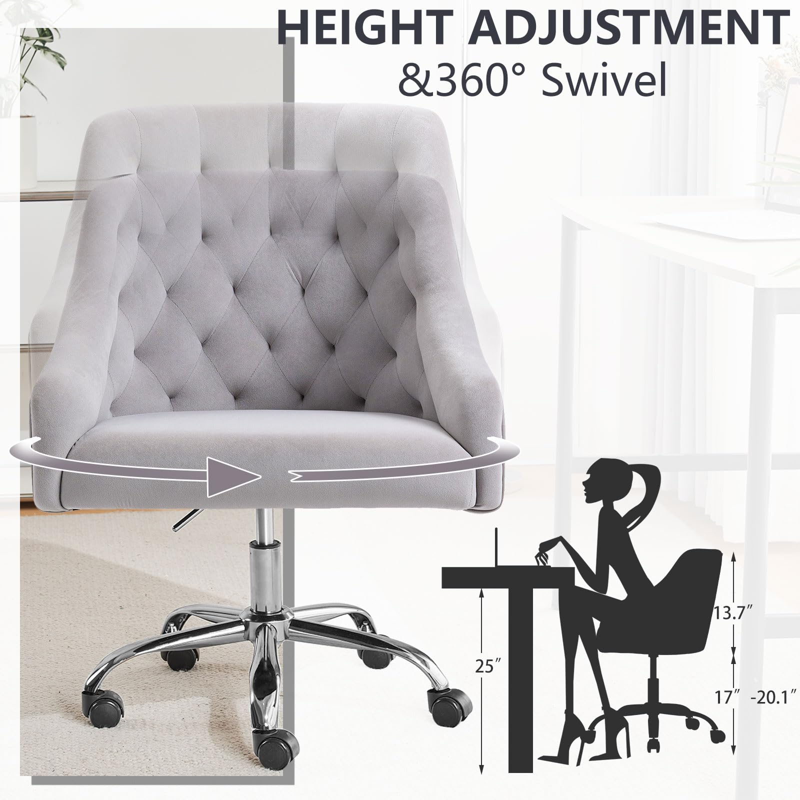 MOJAY Velvet Office Swivel Vanity Chair - Adjustable Height 360° Rotating Fabric Desk Chair with Gold Base for Women, Reception & Home Office (Grey) - Perfect for Makeup Vanity, Dressing Table & Workstation