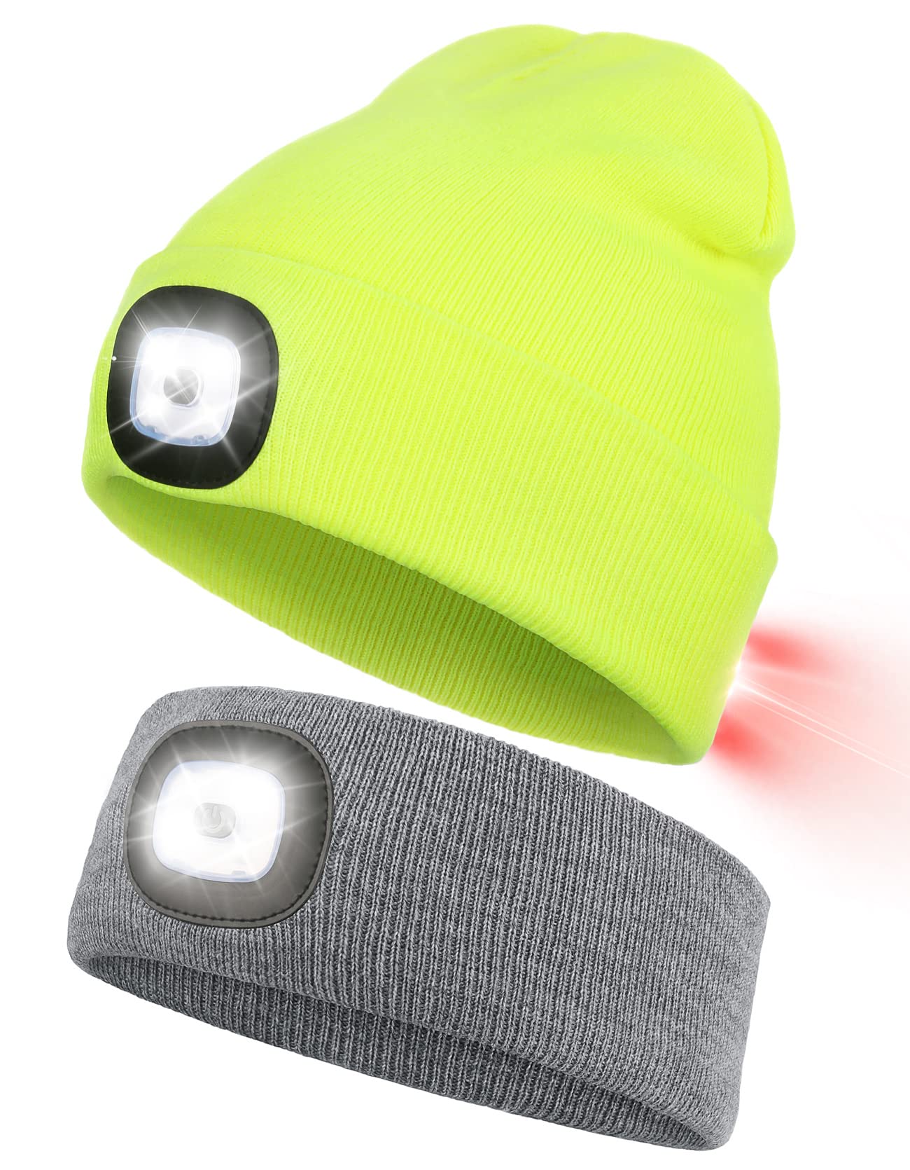 LED Sports Headband & Fluorescent Yellow LED Beanie Hat Bundle - Adjustable Light-Up Headwear for Running, Cycling, Night Jogging & Outdoor Safety Activities