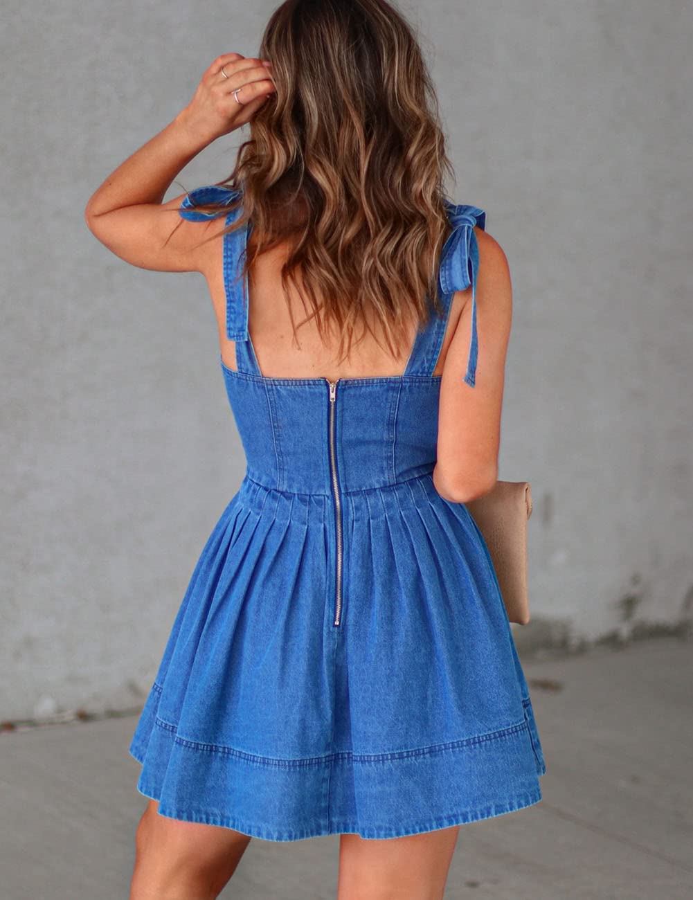 ALSOGO Women's Sleeveless Denim Dress - Tie Shoulder Slim Fit High Waist Mini Dress for Summer Casual Outfits, Beach Wear & Date Night | Blue Denim Short Dress for Women