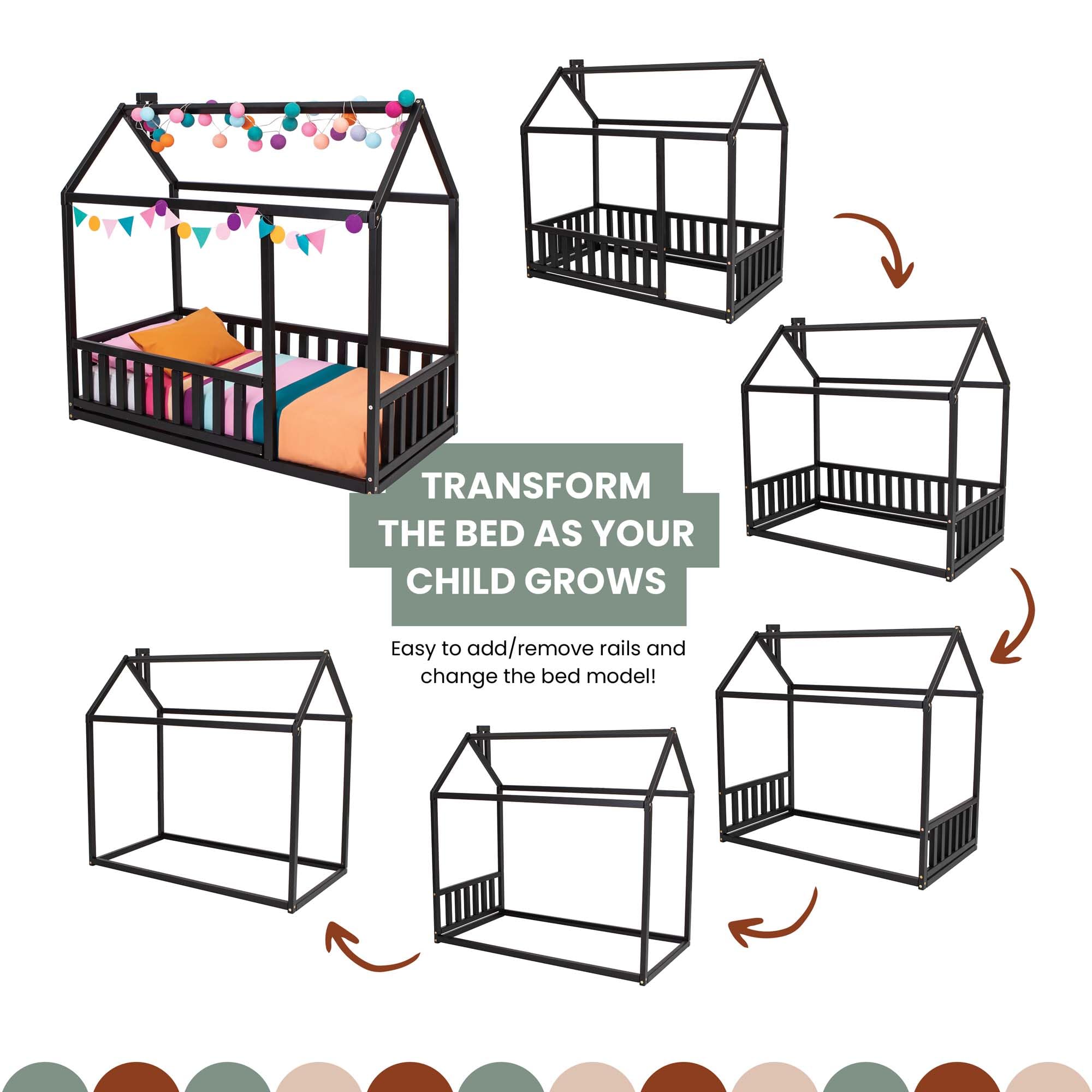 Montessori Toddler House Bed with Rails - Twin Size for Kids' Room
