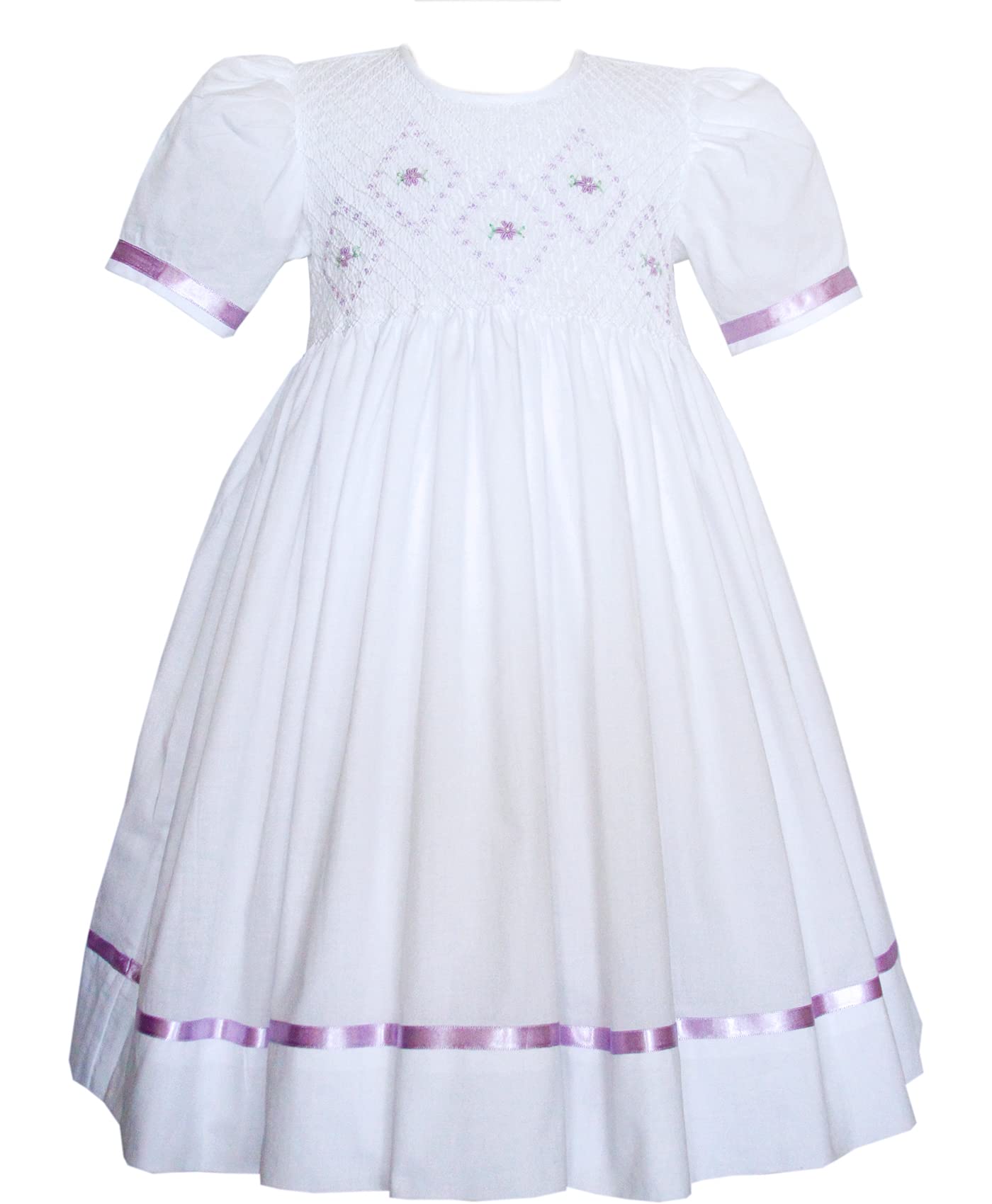 Classic White Smocked Dress for Girls with Lavender Embroidery & Ribbons | Formal Occasion Outfit | Perfect for Weddings, Parties & Special Events