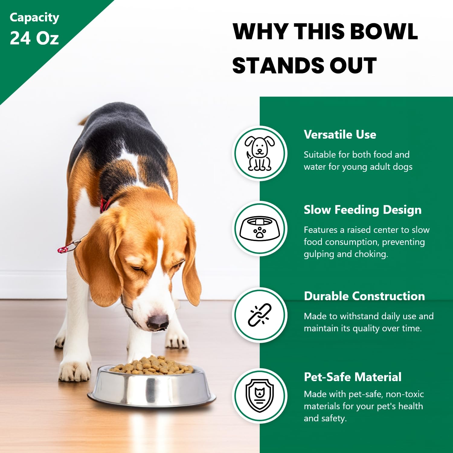 Stainless Steel Non-Slip Pet Bowl for Dogs & Cats - Raised Rim, Dishwasher Safe Dog & Cat Food & Water Bowl - 24oz - Perfect for Home, Travel & Outdoor Use