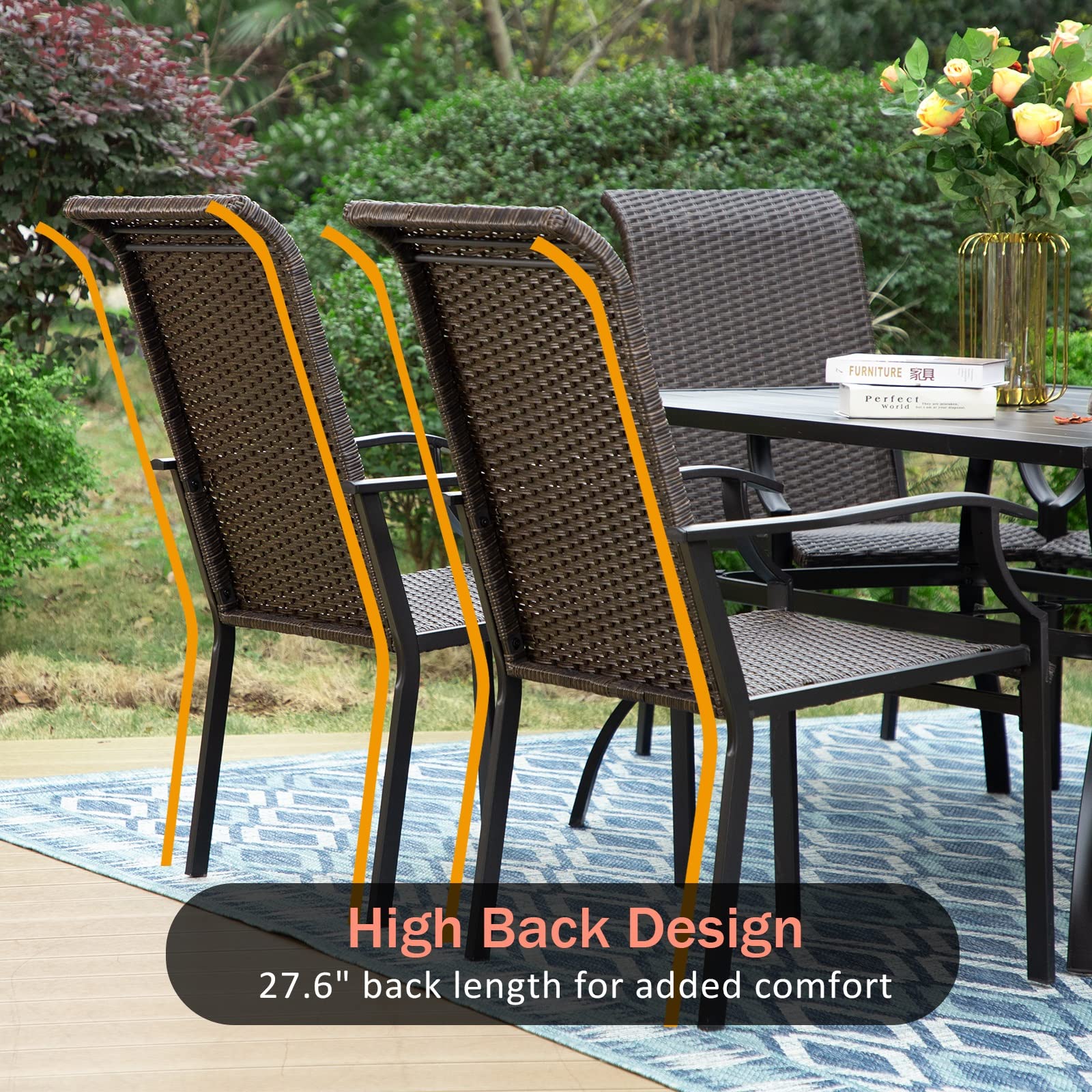 Sophia & William 5-Piece Black Wicker Patio Dining Set - 4 High-Back Rattan Chairs & 1 Metal Square Table with Umbrella Hole | Outdoor Garden Furniture for Backyard, Poolside & Terrace Dining