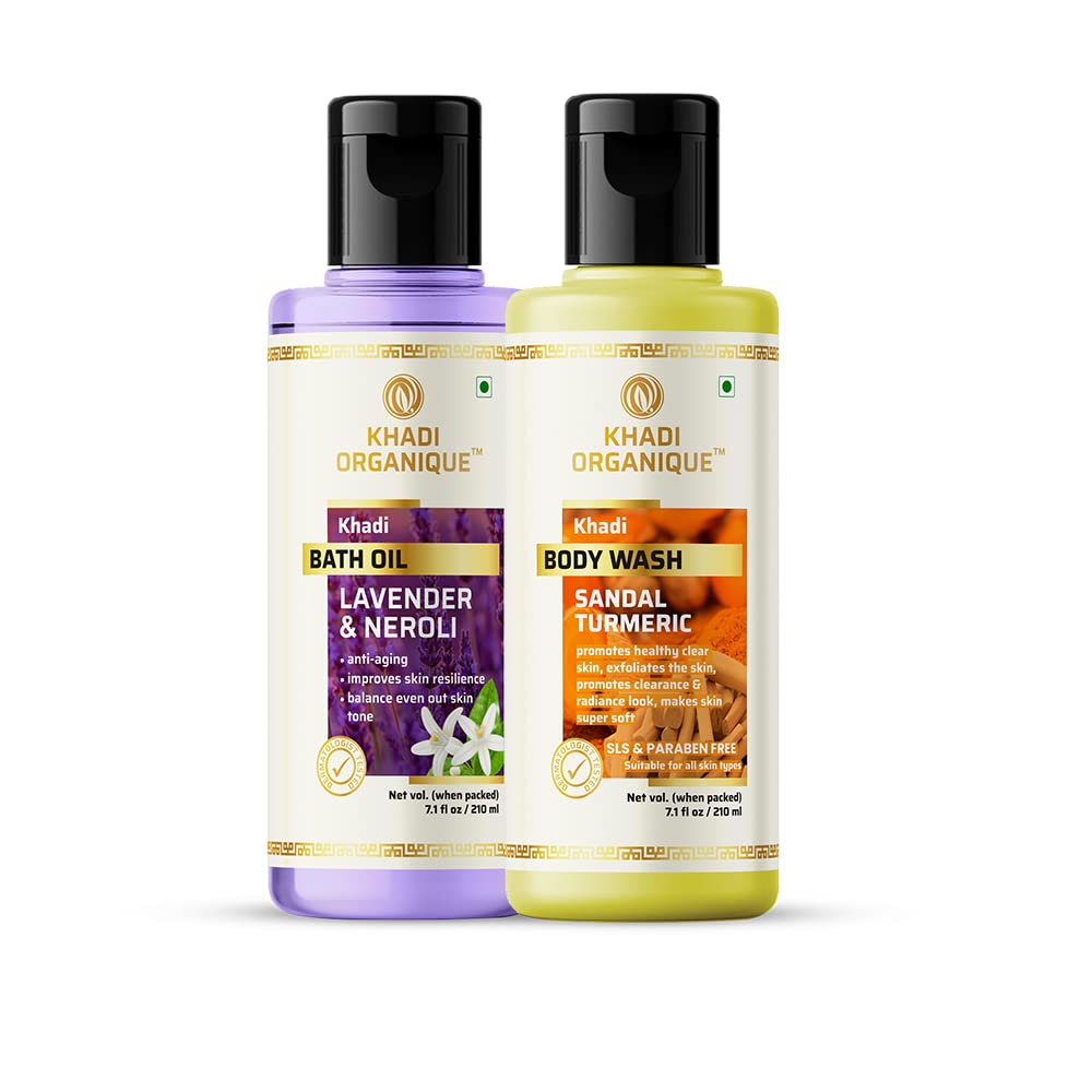 Khadi Organique Lavender & Neroli Bath Oil with Sandal Turmeric Body Wash Set | Organic Body Care Combo for Relaxation & Skin Nourishment | Perfect for Spa Nights & Self-Care Rituals