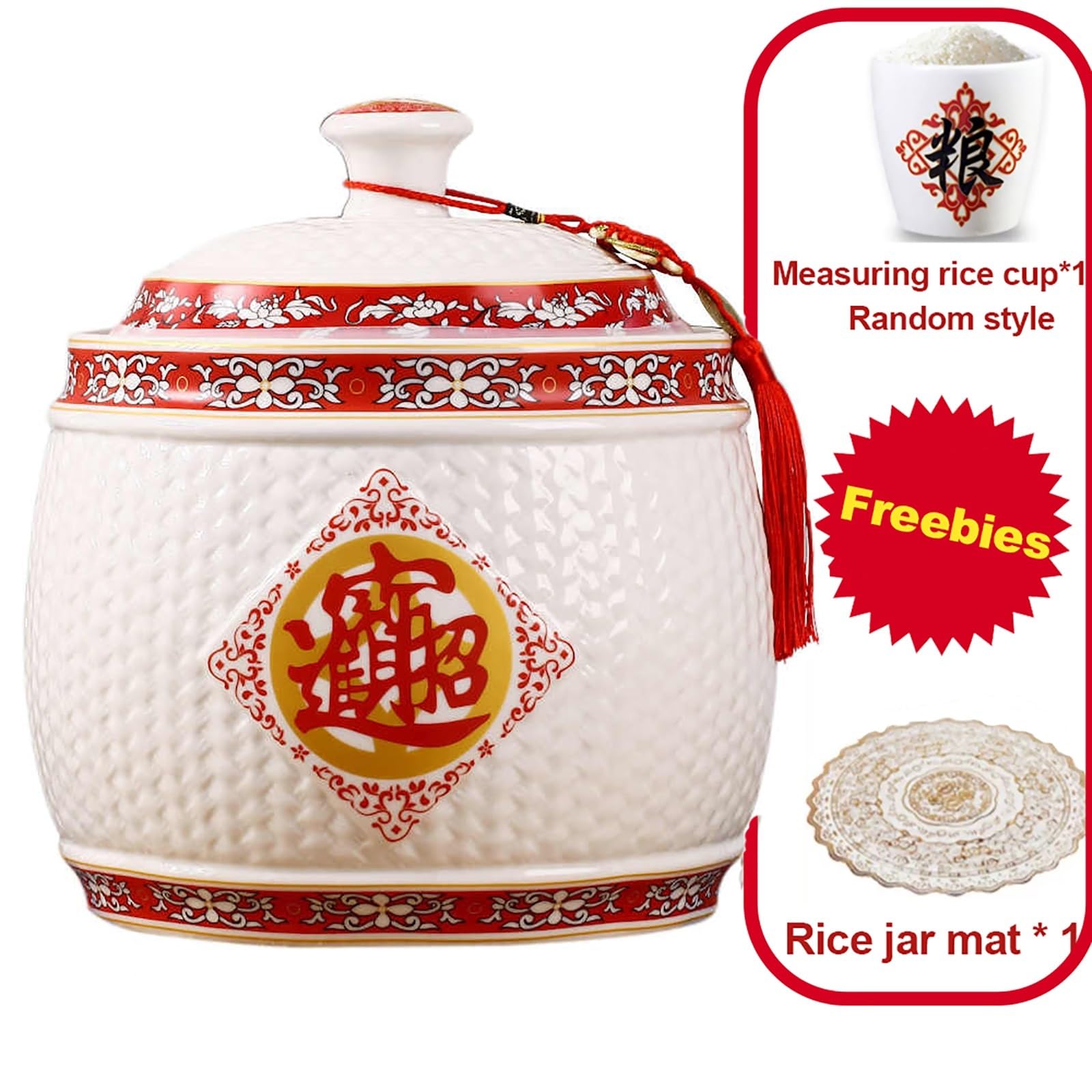Large Airtight Ceramic Rice Storage Container with Tassel Design - 10L Capacity Grain Dispenser for Rice, Snacks, Coffee Beans & Dry Food | Perfect for Kitchen Pantry Organization & Bulk Food Storage