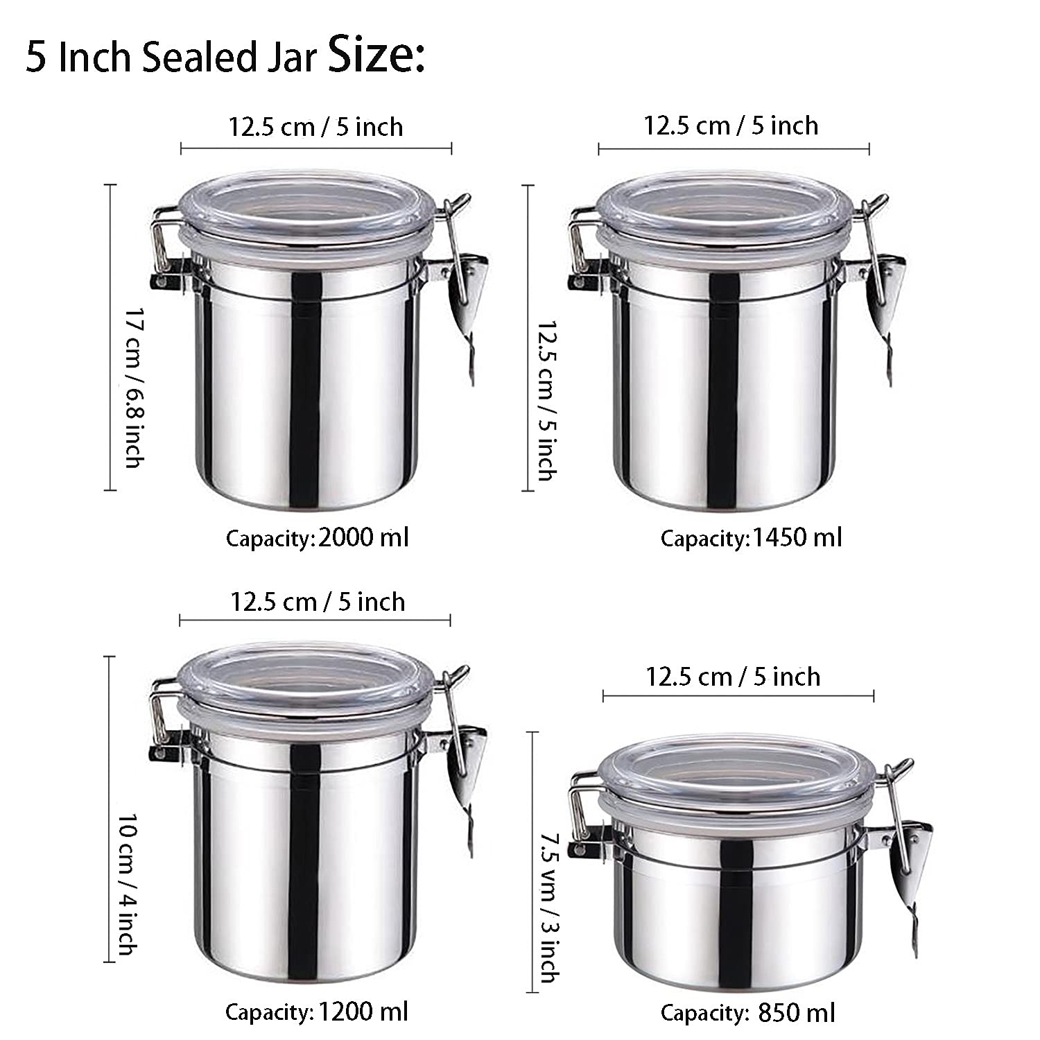 4-Piece Stainless Steel Airtight Food Storage Canister Set with Clear Acrylic Lids & Locking Clamps - Perfect for Coffee, Tea, Sugar, Flour, Cereal, Beans - Ideal for Kitchen Pantry Organization & Countertop Display (5 inch)