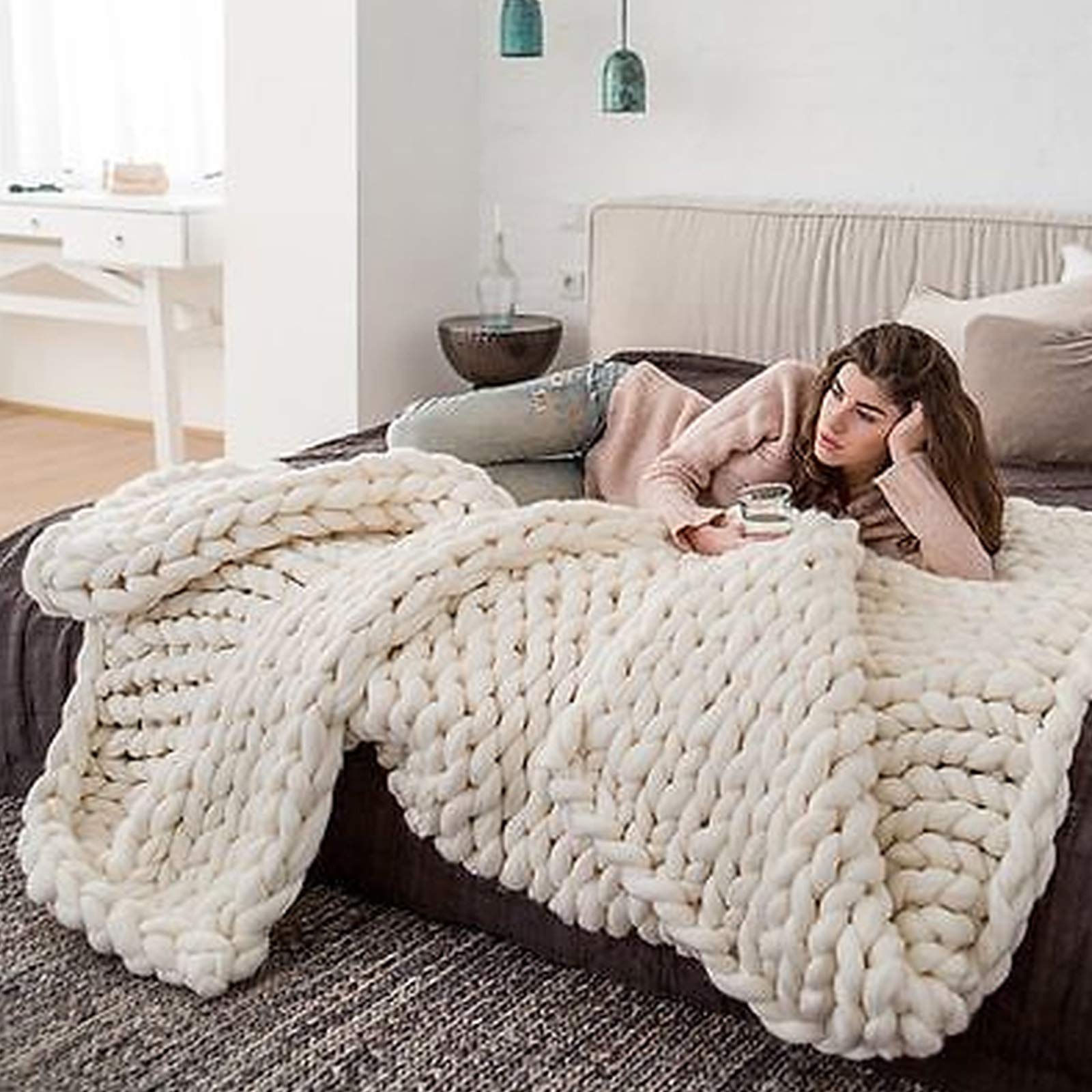 Handmade Chunky Knit Throw Blanket - 100% Premium Knitted Blanket in Gold Yellow, Ultra Soft & Cozy Home Decor for Couch, Bed, Sofa, Chair - Perfect Gift (80x80 inches) - Ideal for Living Room, Bedroom & Winter Snuggles
