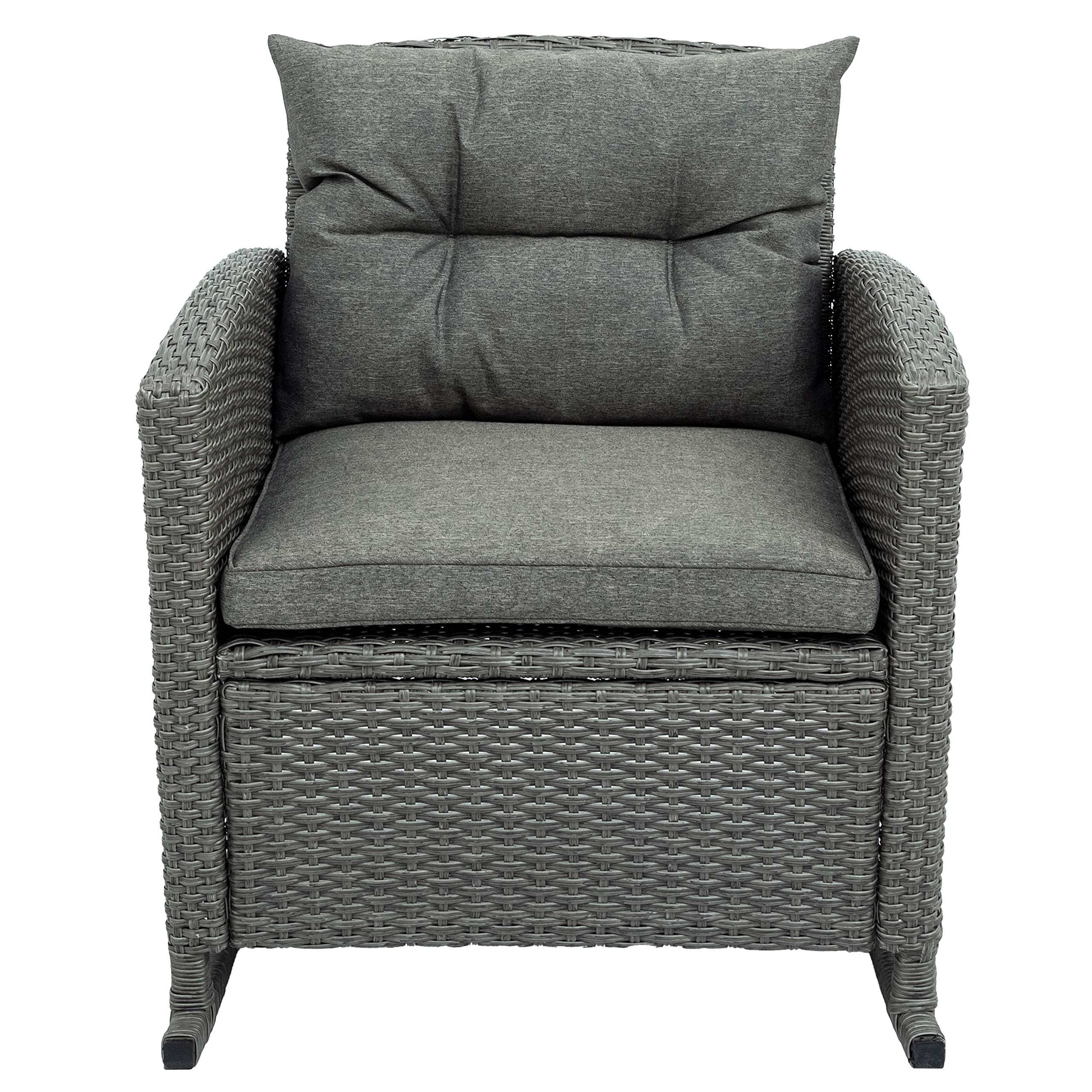 3-Piece Outdoor Rocking Patio Furniture Set - PE Wicker Rattan Sofa with Cushions & Glass-Top Coffee Table - Weather-Resistant Gray Garden Backyard Set for Relaxing, Entertaining & Lounging
