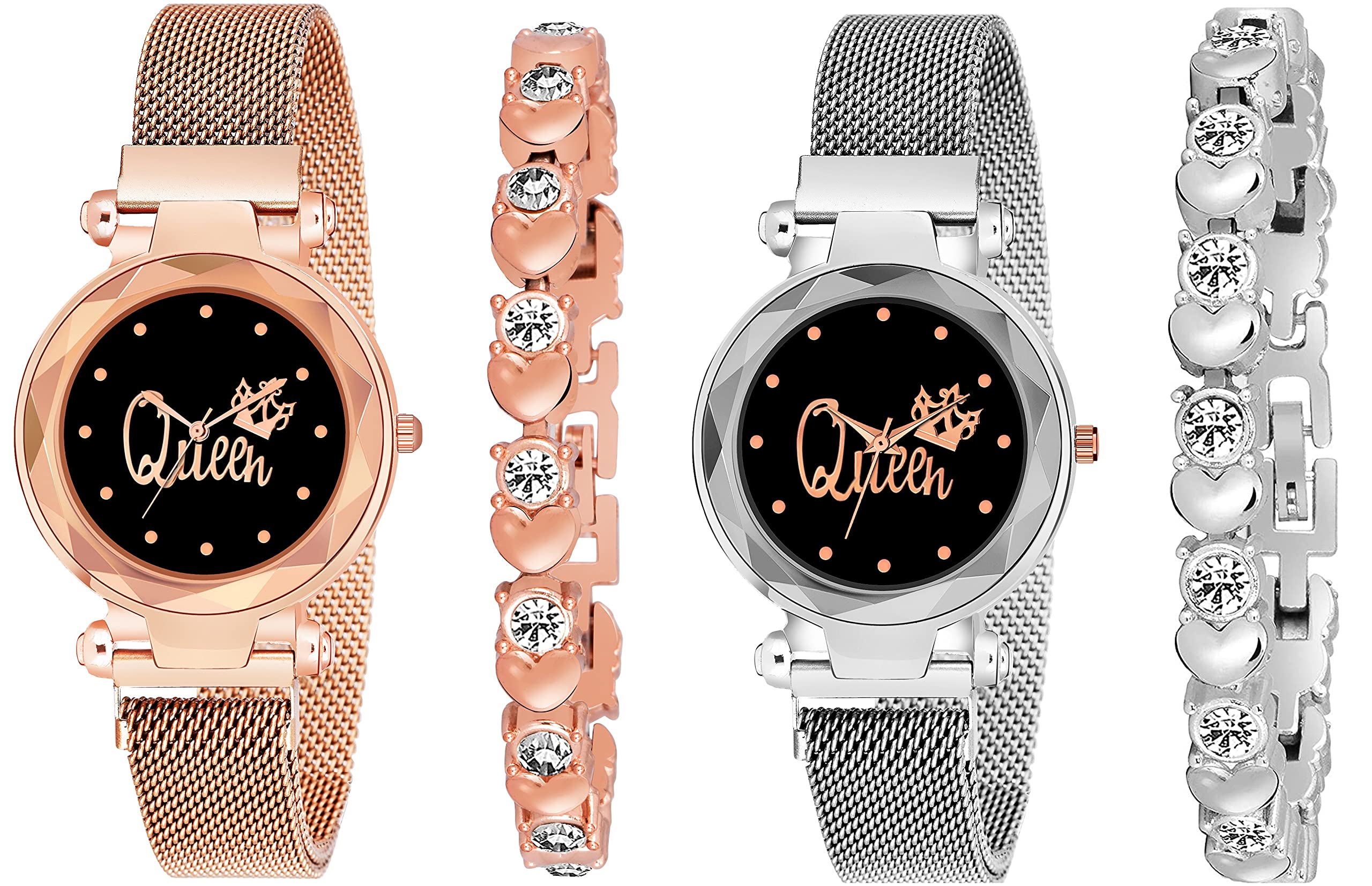 CERO Queen Dial Magnetic Strap Analog Watch & Bracelet Set for Women and Girls - 4 Pack | Stylish Fashion Accessory for Daily Wear, Office, Parties & Gifts