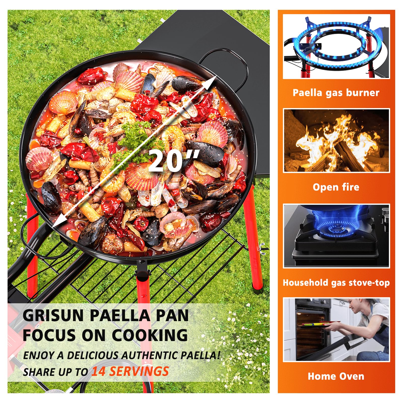 GRISUN 20-Inch Enameled Paella Pan – Nonstick Spanish Skillet for 14 Servings | Authentic Restaurant & Home Cooking | Perfect for Outdoor BBQs, Parties & Family Gatherings